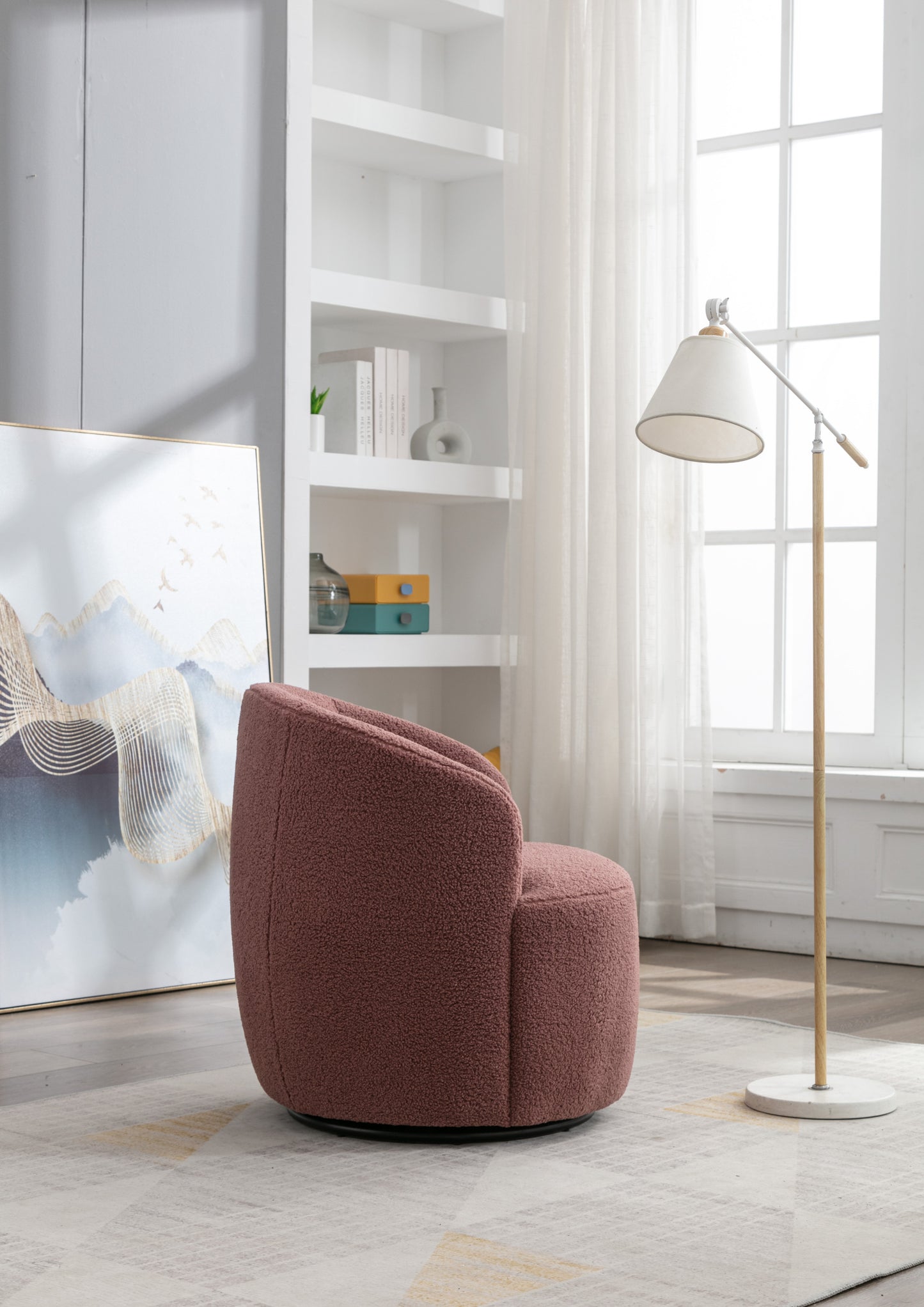 Teddy Fabric Swivel Accent Armchair Barrel Chair With Black Powder Coating Metal Ring,Dark Red