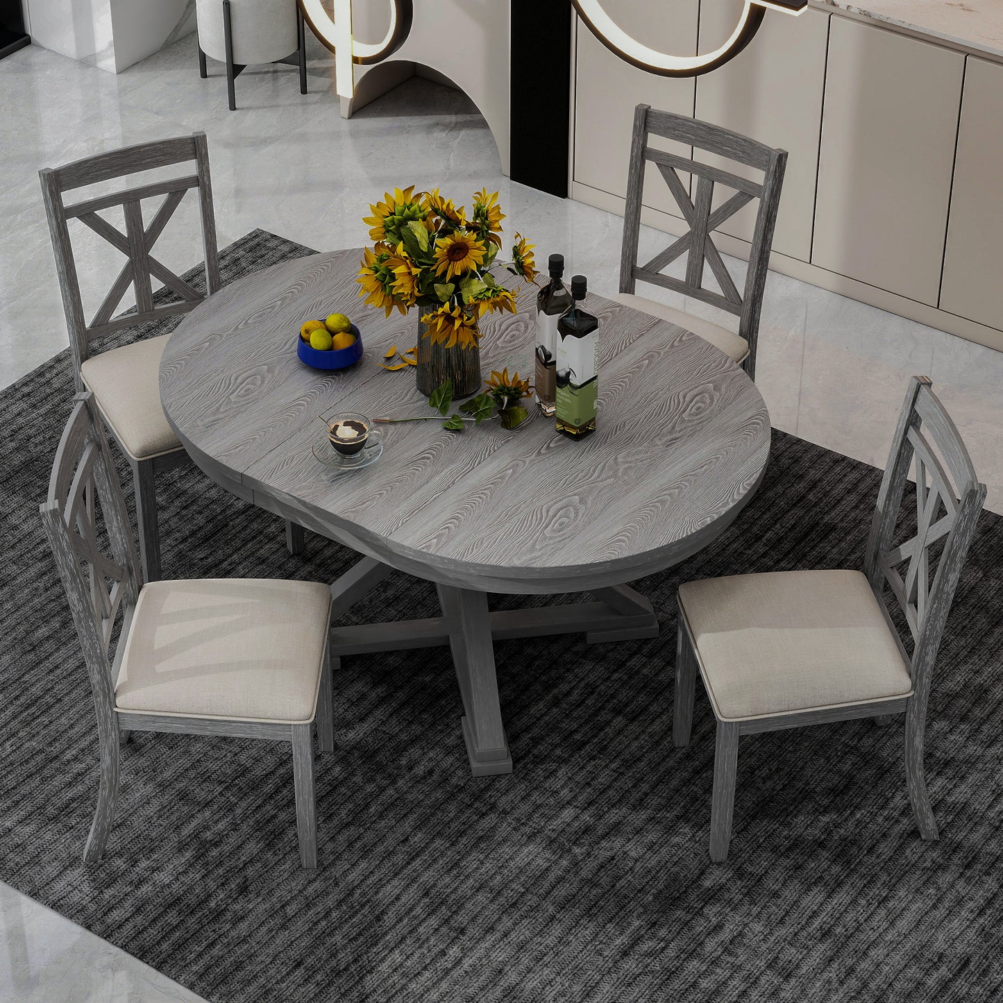 TREXM 5-Piece Retro Functional Dining Table Set Extendable Round Table and 4 Upholstered Chairs for Dining Room and Living Room (Grey)