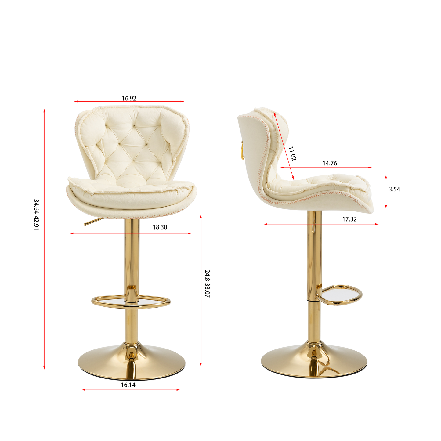 Set of 2 Bar Stools,with Chrome Footrest and Base Swivel Height Adjustable Mechanical Lifting Velvet + Golden Leg Simple Bar Stool-cream
