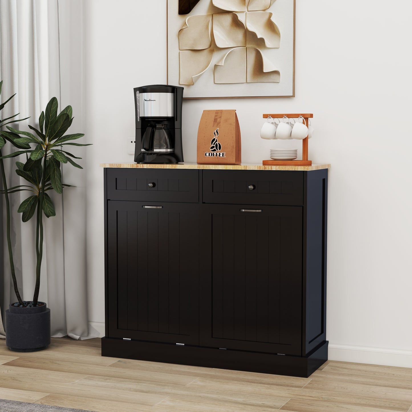 Gabinete de basura abatible con dos cajones y dos compartimentos Gabinete de basura de cocina - Negro