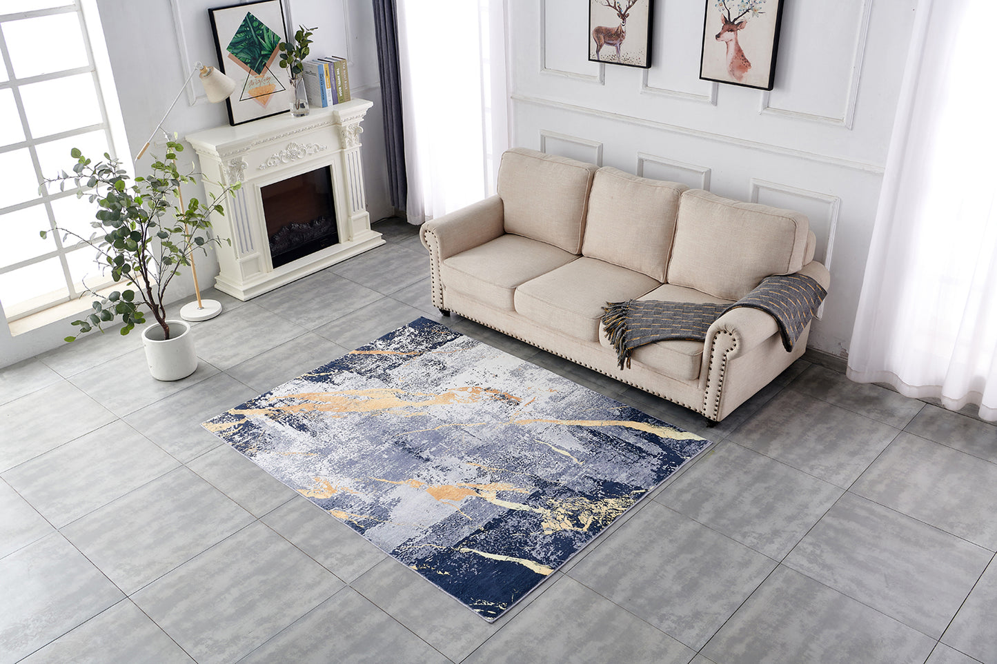 ZARA Collection Abstract Design Blue Gray Yellow (5' ft x 3' ft) Machine Washable Super Soft Area Rug