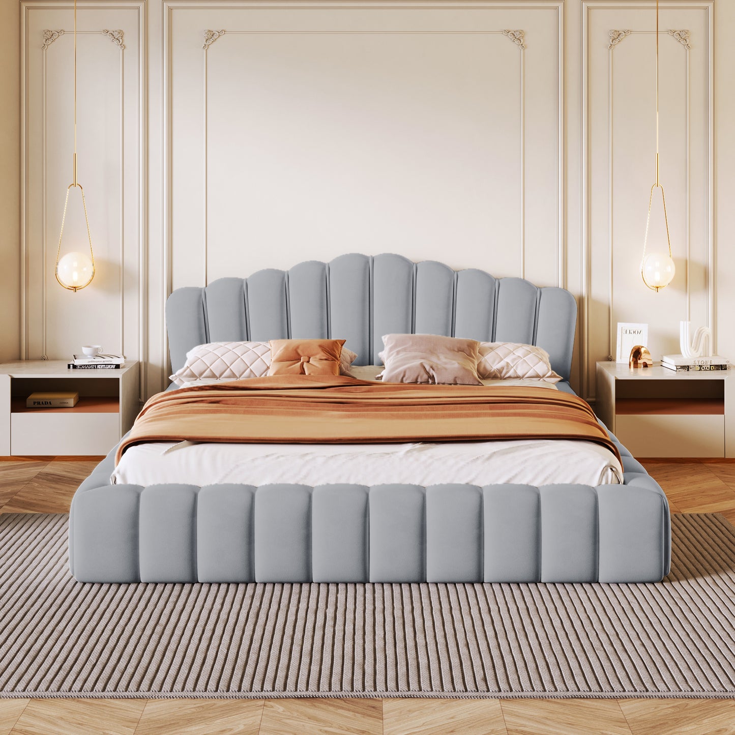 Cama Queen tapizada en terciopelo con marco de suelo y cabecero en forma de concha para dormitorio, sin necesidad de somier, color azul claro