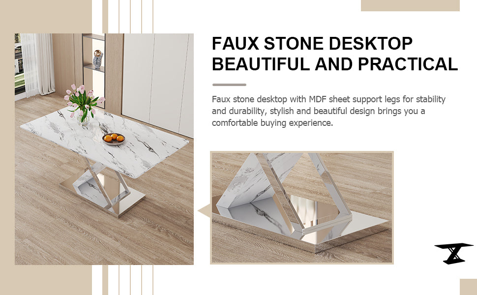 Table and chair set, modern dining table, imitation marble white top and silver legs, soft and comfortable dining chair, perfect for dinner, meetings, home and office decor