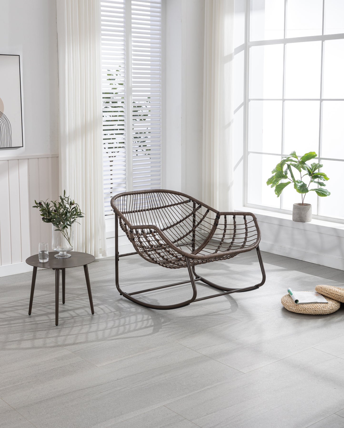 Mecedora de ratán para exterior, con cojín acolchado, reclinable, para porche, sala de estar, patio y jardín, color gris.