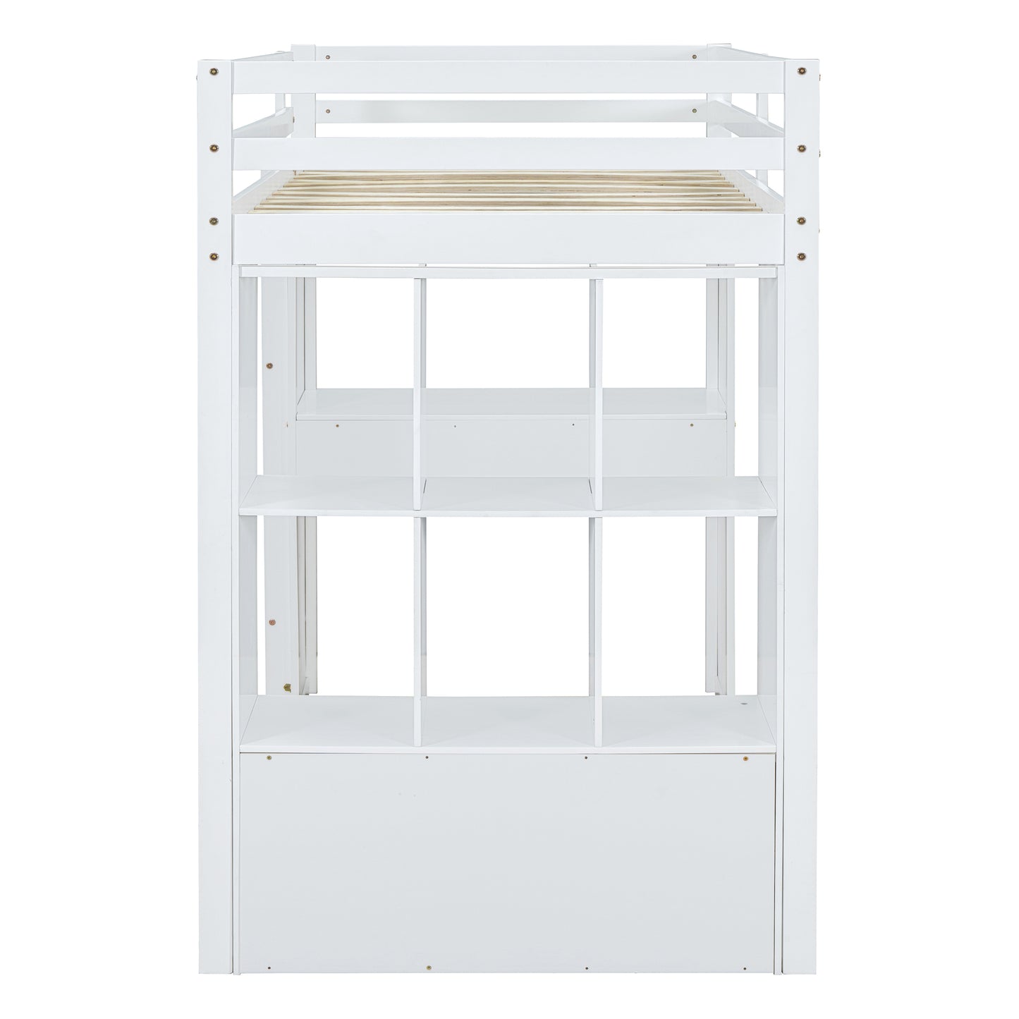 Twin Size Loft Bed with large shelves, writing desk and LED Light, White