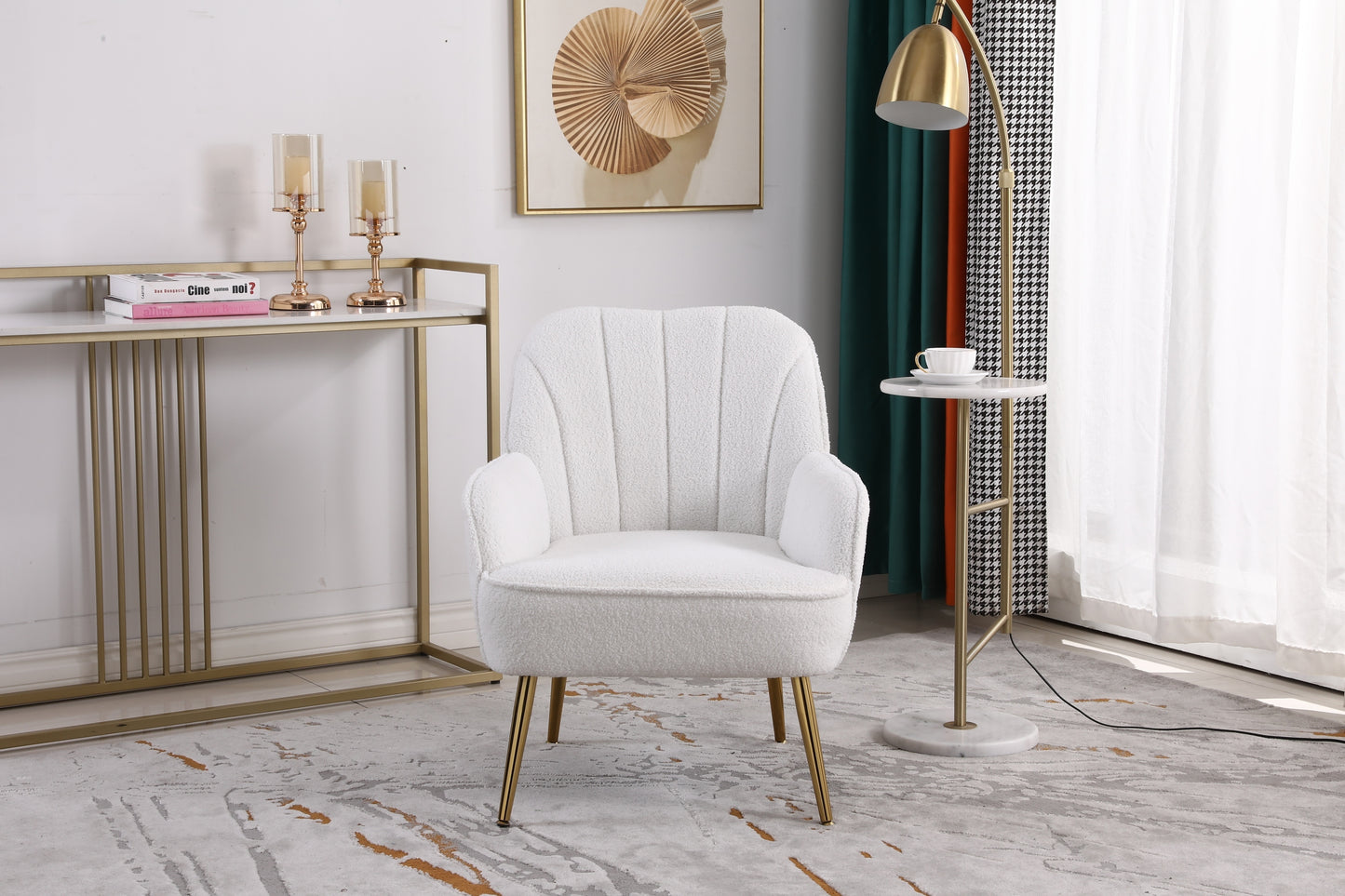 Sillón moderno y ergonómico de tela suave color blanco marfil para sala de estar, dormitorio, hogar, con patas doradas y patas ajustables para interiores.