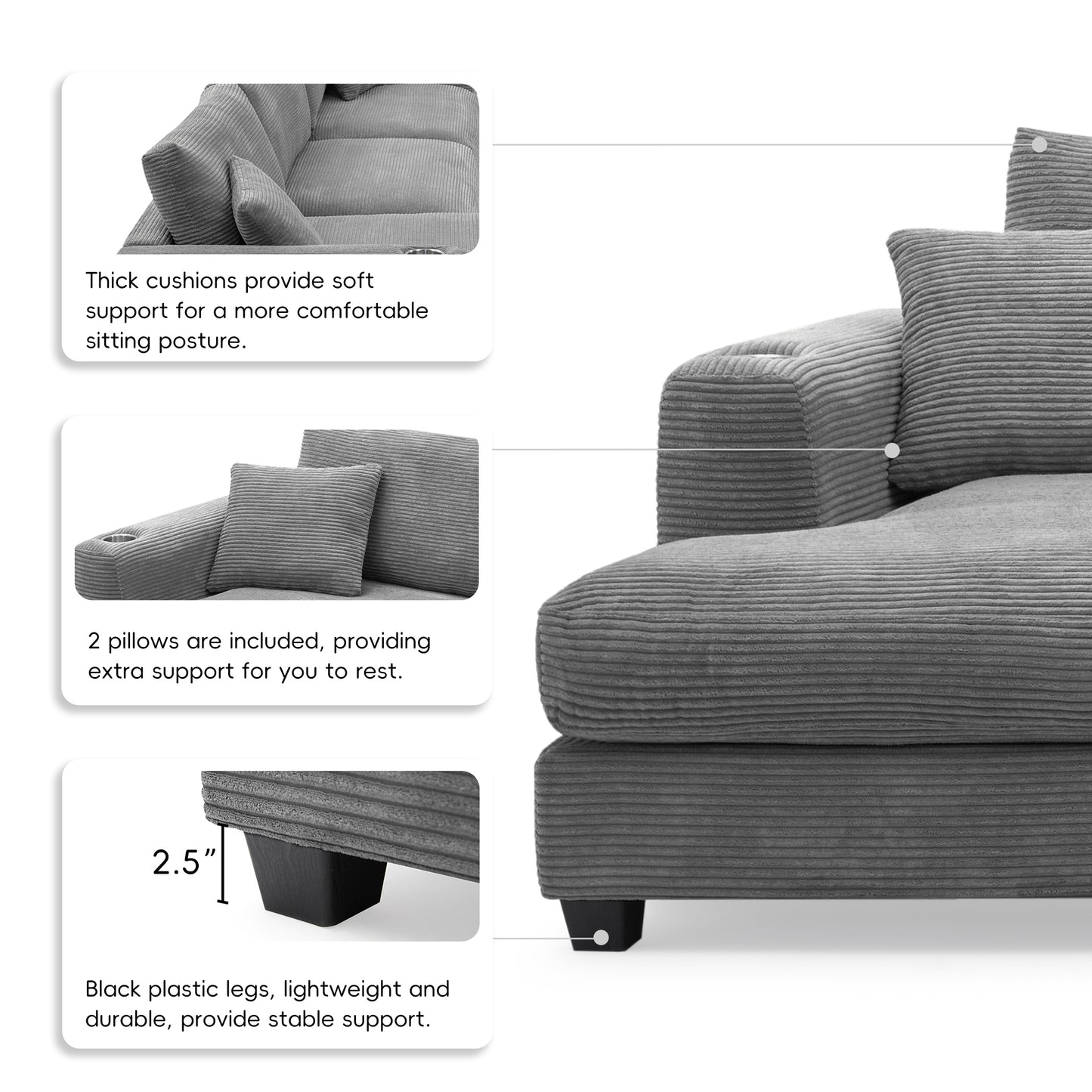 Sofá seccional extragrande de pana de 134 x 54 pulgadas, sofá nube en forma de L con puerto de carga USB, portavasos, sofá cama profundo con chaise longue de 50 pulgadas, cómodo mueble de interior para sala de estar, 3 colores