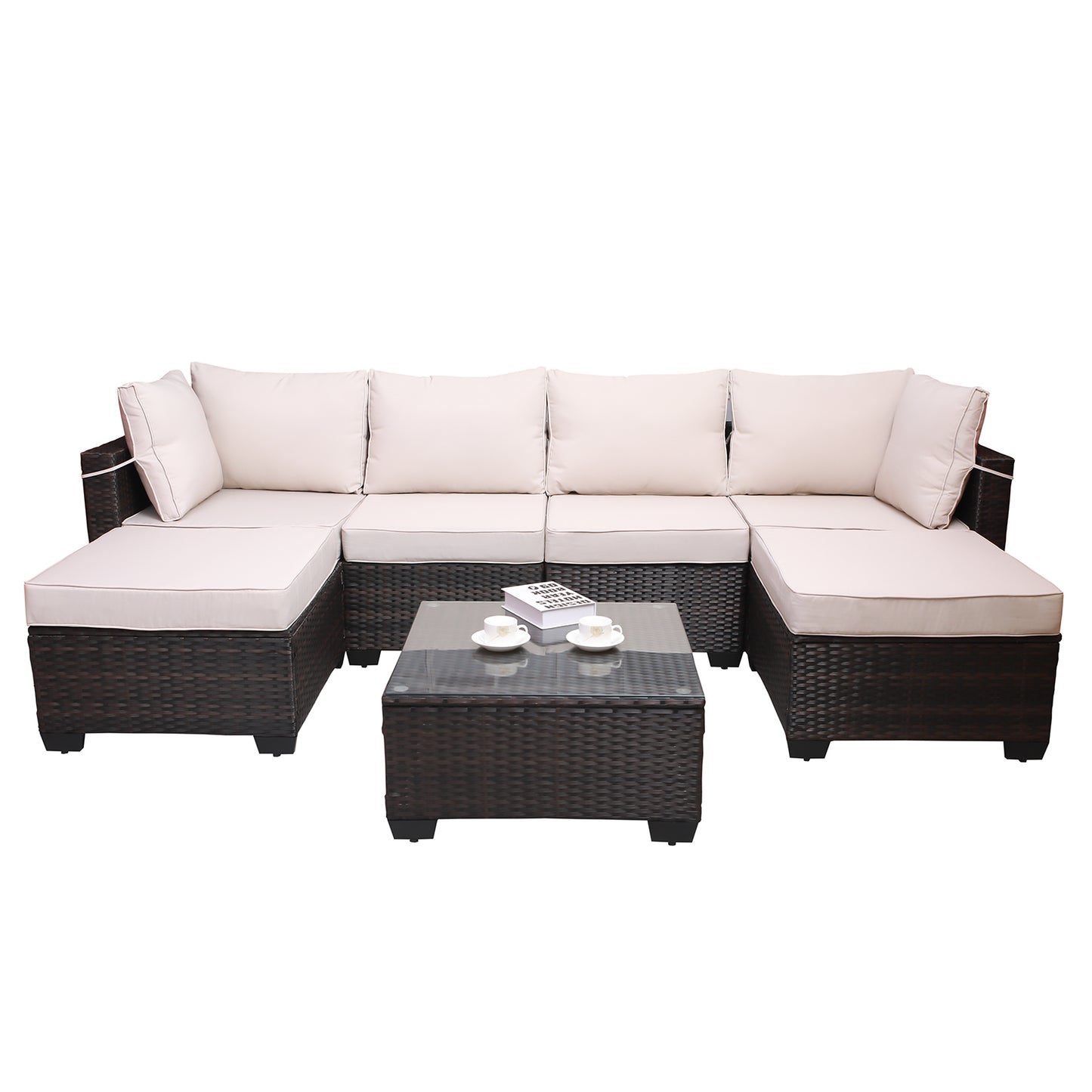 7pc Brown & Beige Patio Set – Outdoor Rattan Sectional w/ Glass Table