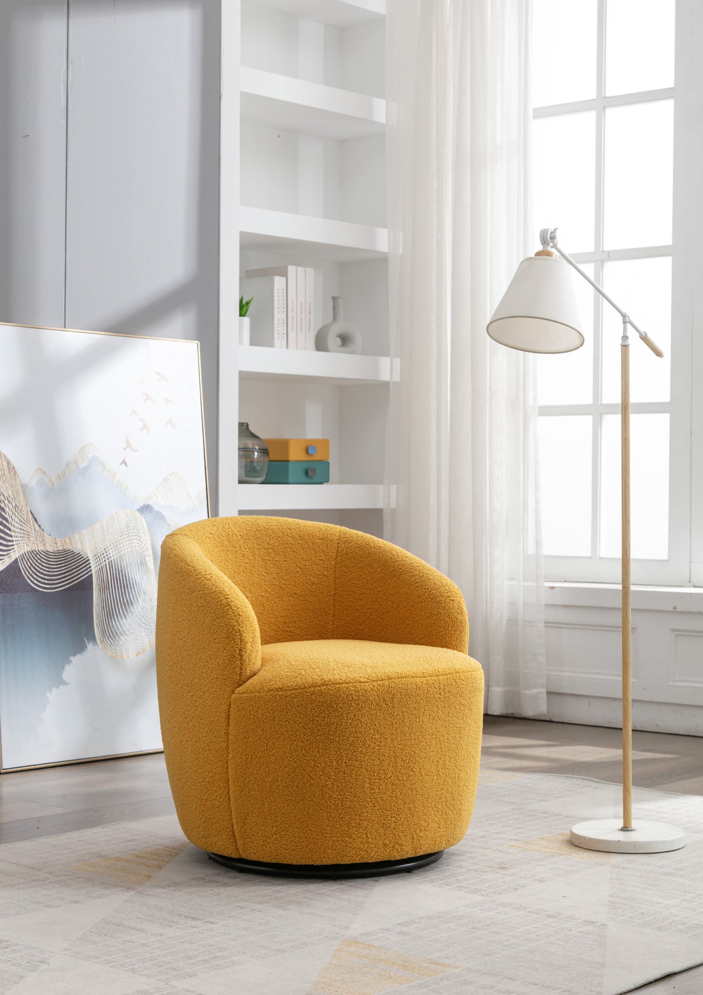 Sillón giratorio de tela Teddy con acento tipo barril y aro metálico con recubrimiento en polvo negro, amarillo