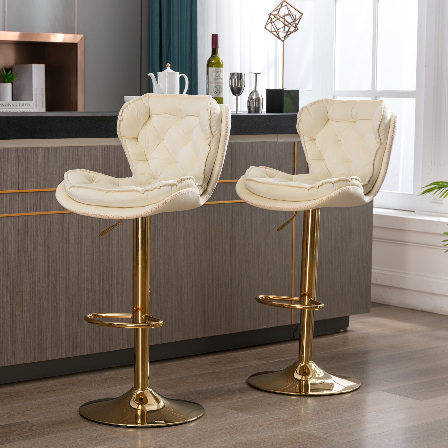 Set of 2 Bar Stools,with Chrome Footrest and Base Swivel Height Adjustable Mechanical Lifting Velvet + Golden Leg Simple Bar Stool-cream