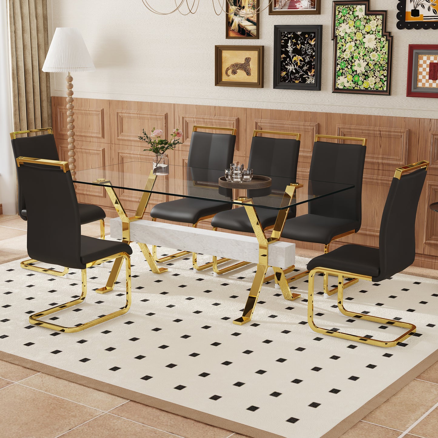 Table and chair set.Elegant Transparent Tempered Glass Dining Set - 71"x35.4" with 6 Black PU Chairs with golden C-tube metal leg.