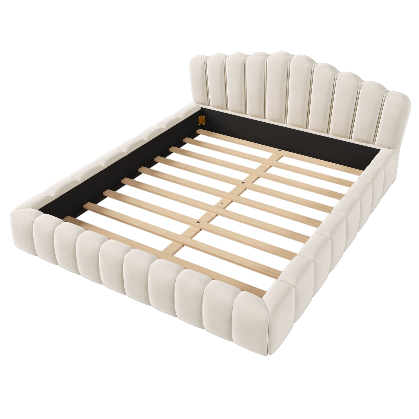 Cama Queen tapizada en terciopelo con cabecero en forma de concha para dormitorio (no necesita somier), color beige