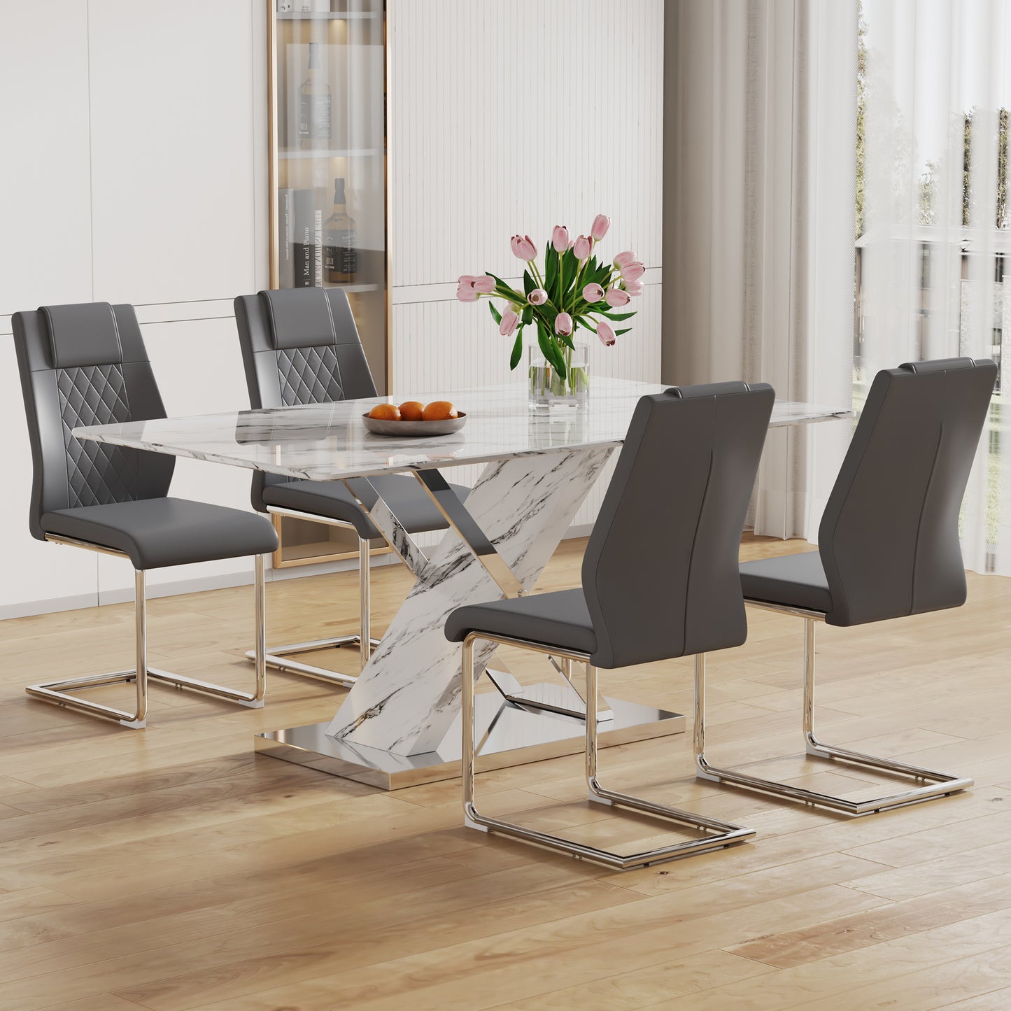 Table and chair set, modern dining table, imitation marble white top and silver legs, soft and comfortable dining chair, perfect for dinner, meetings, home and office decor