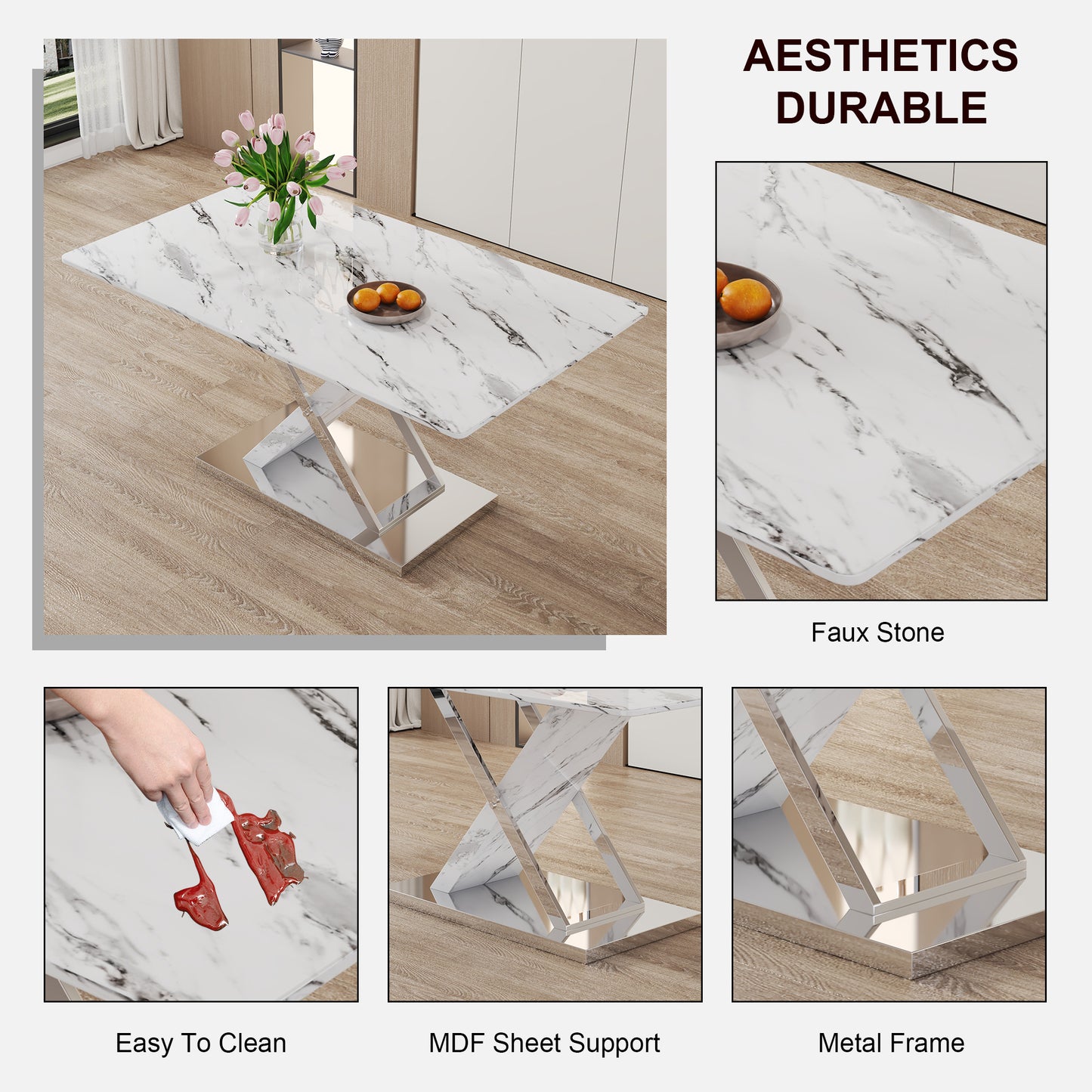 Table and chair set, modern dining table, imitation marble white top and silver legs, soft and comfortable dining chair, perfect for dinner, meetings, home and office decor