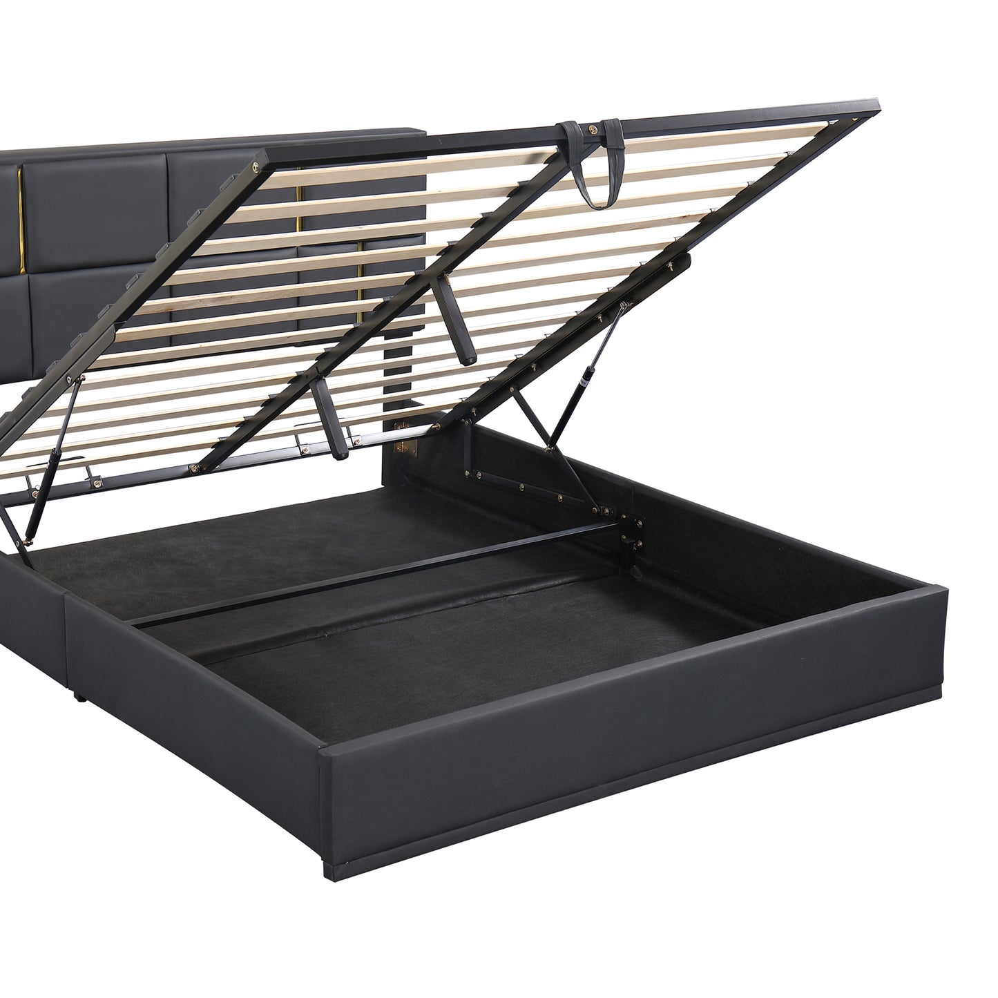 Juego de dormitorio de 2 piezas, cama Queen con plataforma tapizada y sistema de almacenamiento hidráulico, otomana con patas de metal, color negro