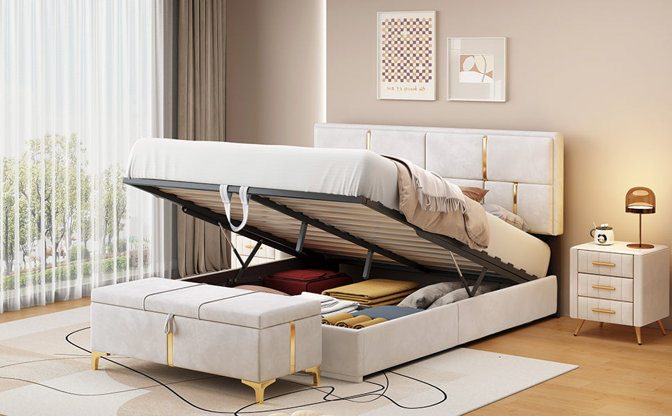 Juego de dormitorio de 2 piezas, cama Queen con plataforma tapizada y sistema de almacenamiento hidráulico, otomana con patas de metal, color beige.