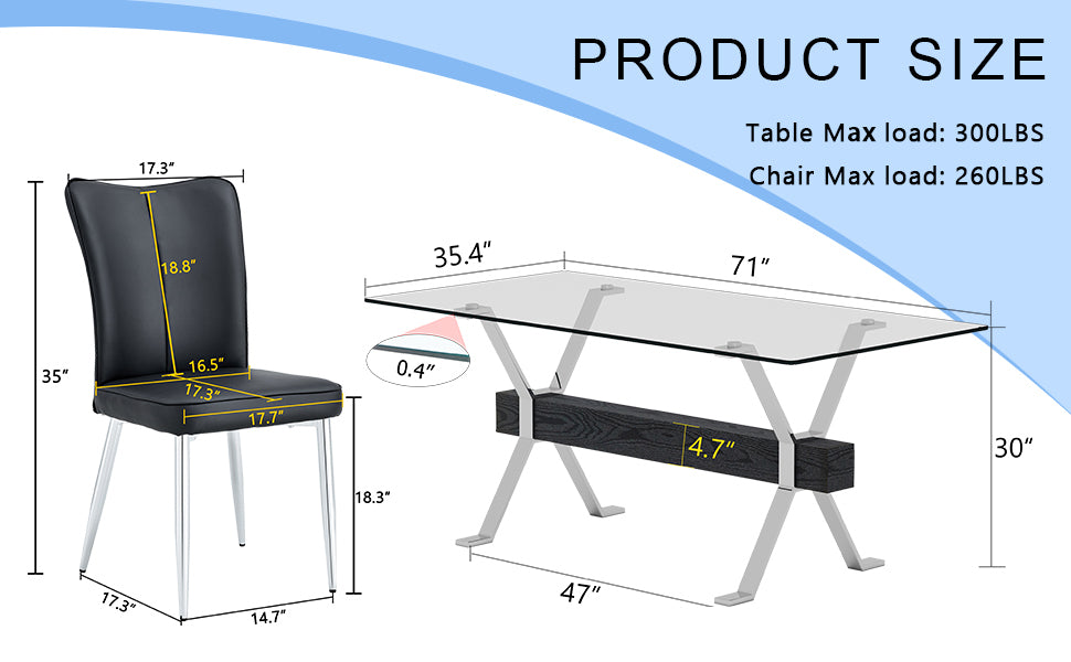 Table and chair set.Elegant Transparent Tempered Glass Dining Set - 71"x35.4" with 6 Black PU Chairs with a vertical stripe design on the backrest.