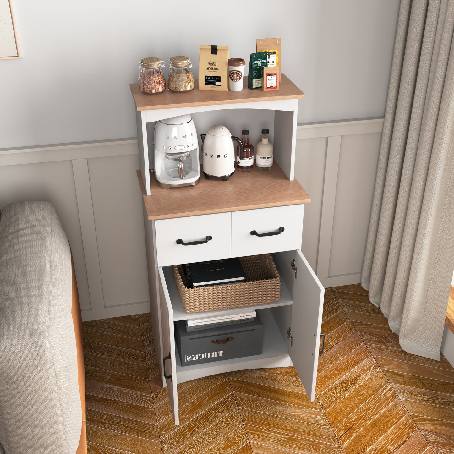 Gabinete de cocina de madera blanco, despensa, armario para microondas con cajón de almacenamiento