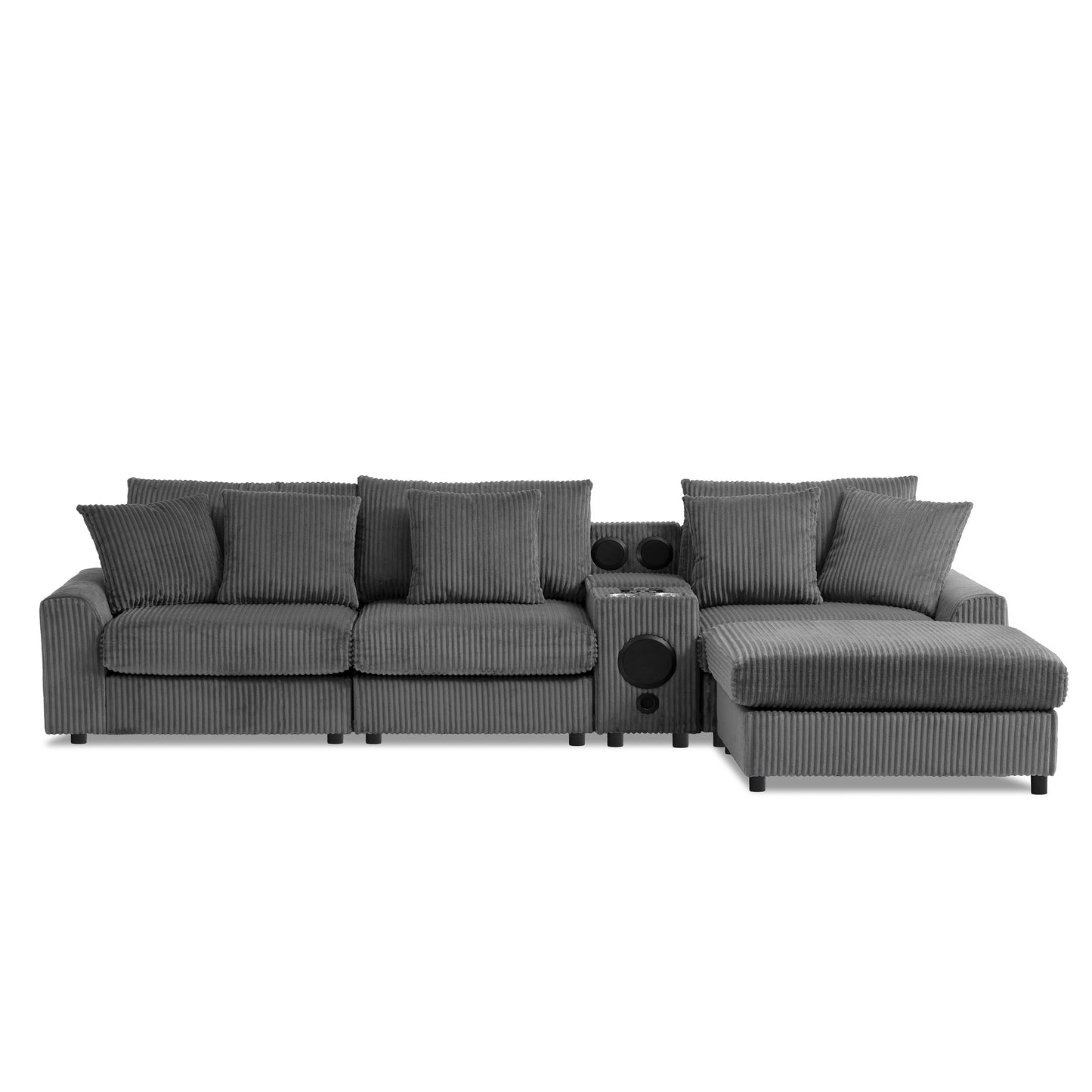 114*64'' Corduroy Sectional Sofa with Bluetooth Speakers,L Shaped Couch with Console,USB Charger,Cup Holders,Storage,Ottoman,Deep and Wide Seat Cloud Sofa for Living Room,Apartment,2 Colors