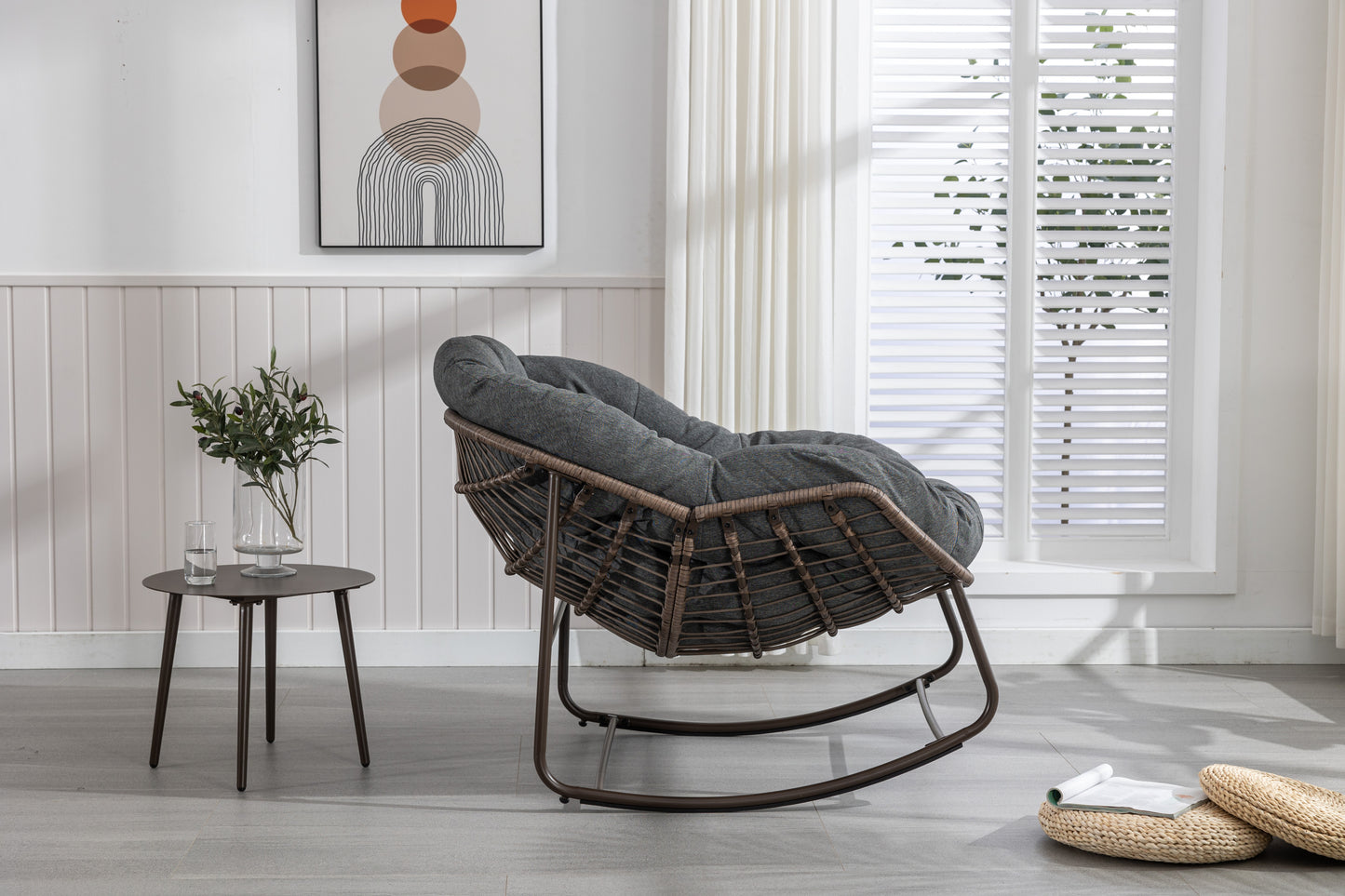 Mecedora de ratán para exterior, con cojín acolchado, reclinable, para porche, sala de estar, patio y jardín, color gris.