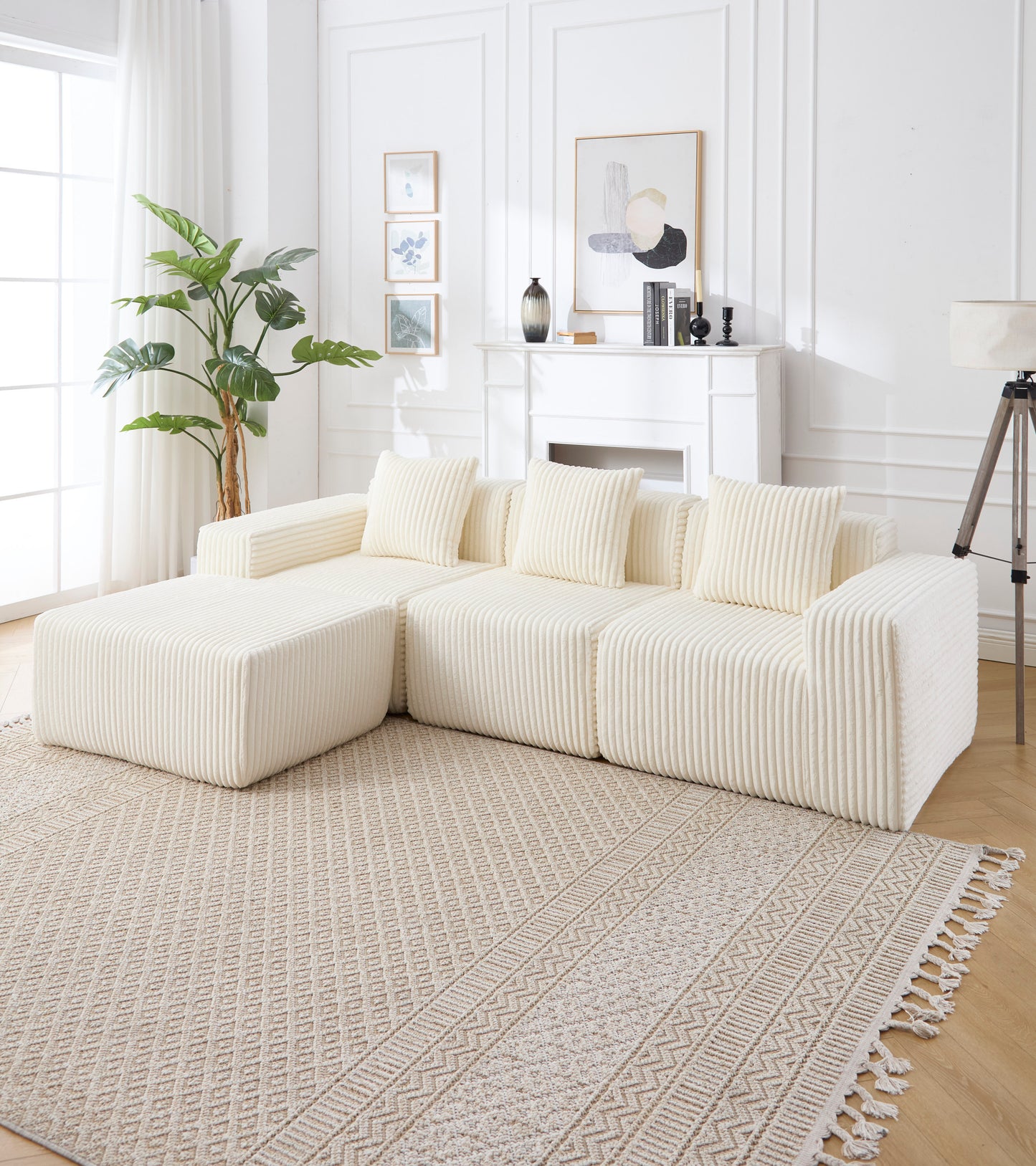 Modern Minimalist Modular Sectional Sofa, L-Shape Upholstered Cloud Couch with Deep Seats, Right Facing Chaise for Living Room-White