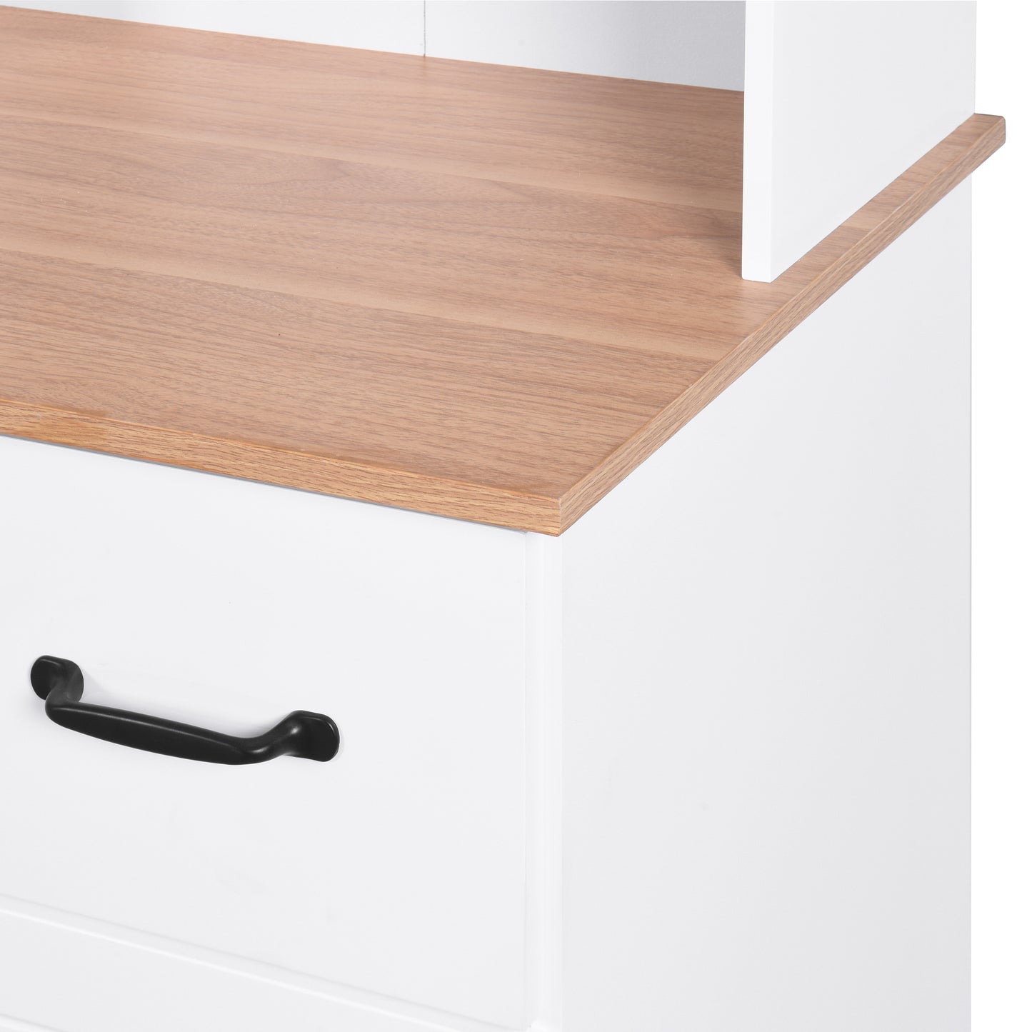 Gabinete de cocina de madera blanco para despensa, armario para microondas con puertas de vidrio enmarcadas y cajón.