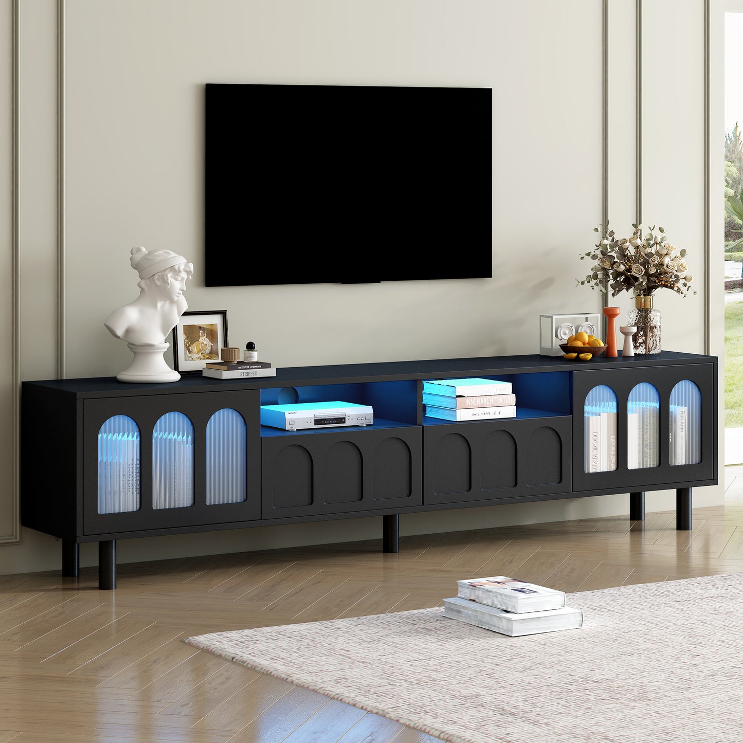 ON-TREND Cream Style TV Stand with LED Light Strip for TVs Up to 80'', Graceful Entertainment Center with 5 Solid Wood Legs, Large Storage Media Console with Fluted Tempered Glass Doors, Black