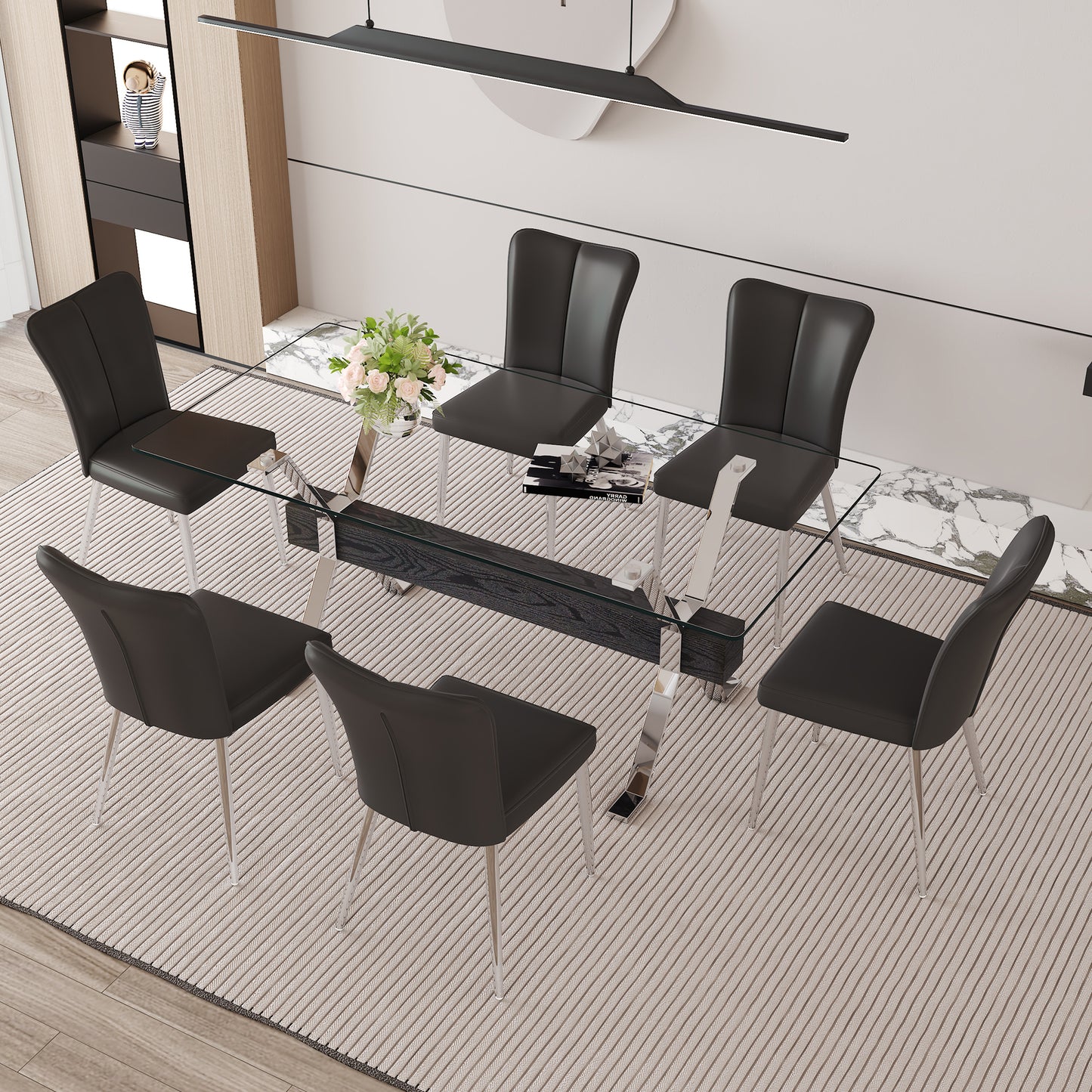 Table and chair set.Elegant Transparent Tempered Glass Dining Set - 71"x35.4" with 6 Black PU Chairs with a vertical stripe design on the backrest.