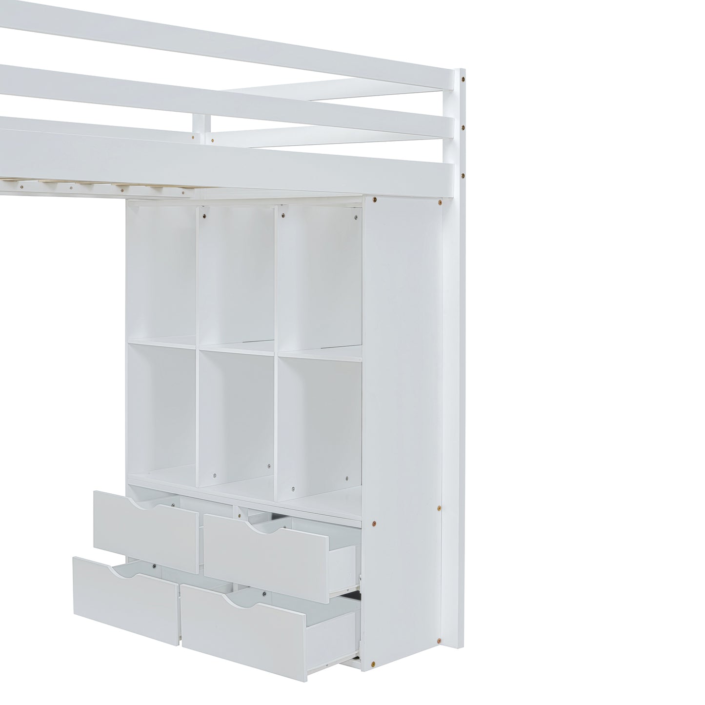 Twin Size Loft Bed with large shelves, writing desk and LED Light, White