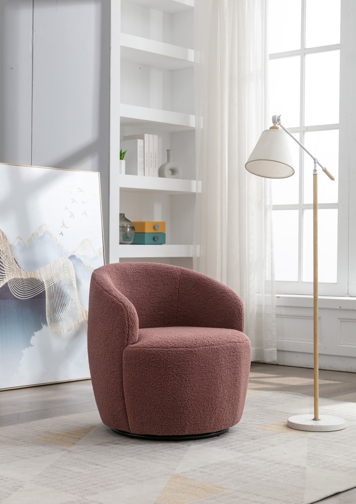 Teddy Fabric Swivel Accent Armchair Barrel Chair With Black Powder Coating Metal Ring,Dark Red