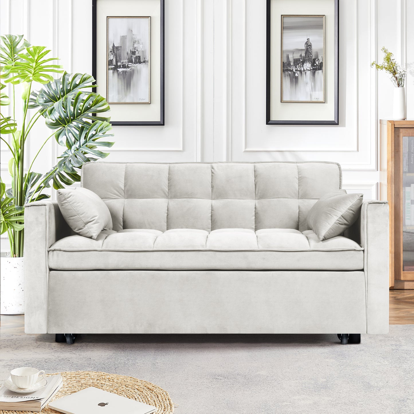 Modern Velvet Fabric 53' 3 in 1 Convertible Sleeper Sofa Bed, Futon Couches for Living Room with Side Pocket, Adjustable Backrest(Beige)