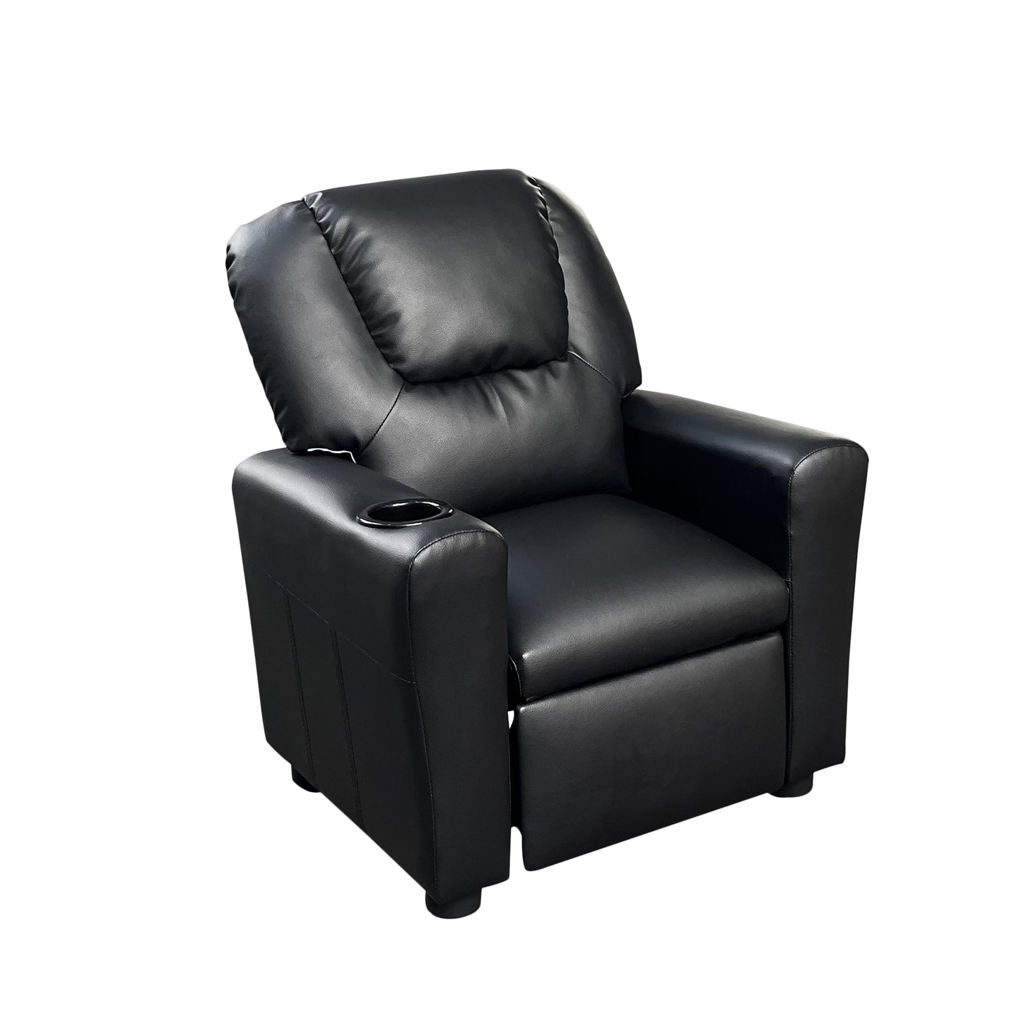 Sillón reclinable infantil Marisa de 22" de cuero sintético negro con portavasos