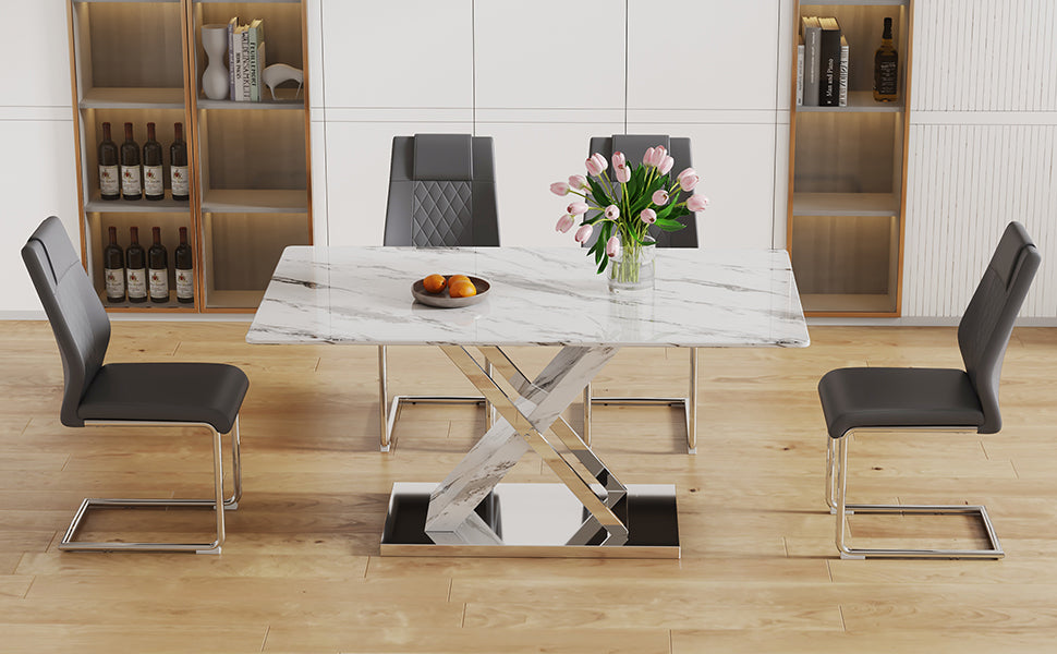 Table and chair set, modern dining table, imitation marble white top and silver legs, soft and comfortable dining chair, perfect for dinner, meetings, home and office decor