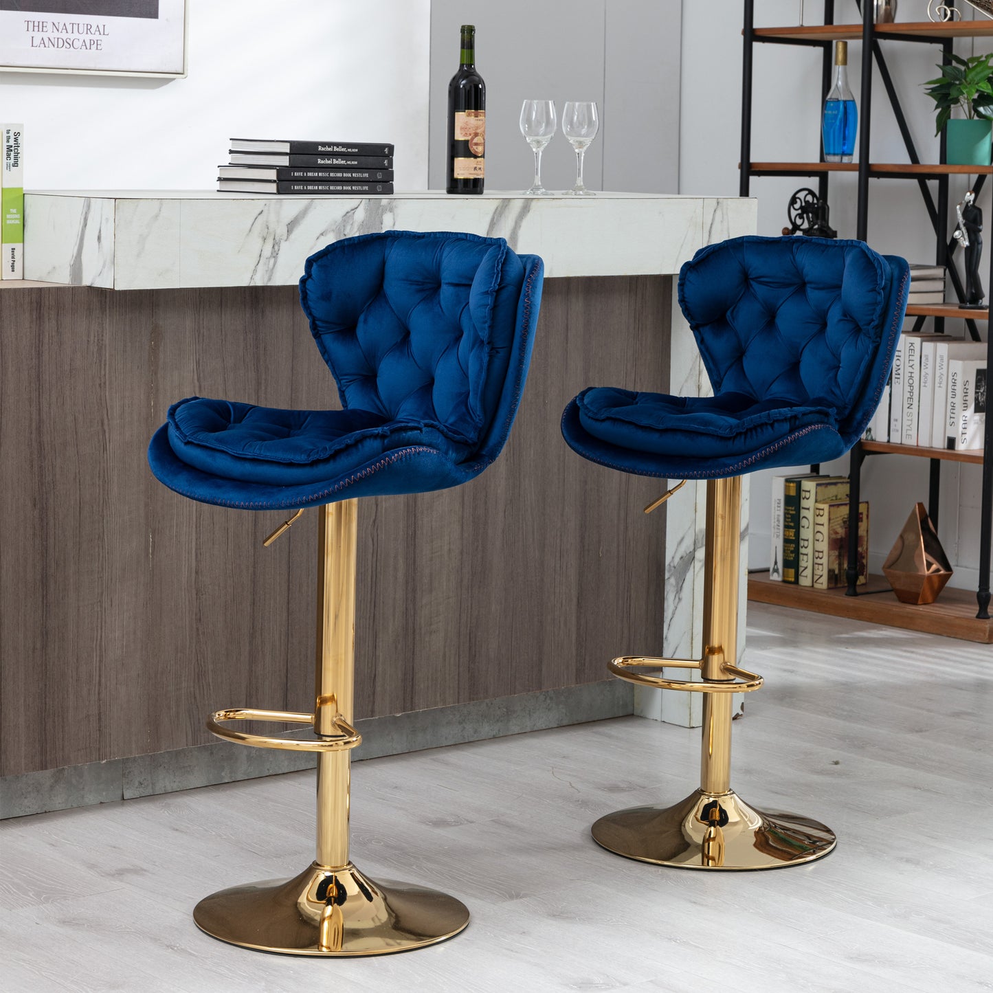 Set of 2 Bar Stools,with Chrome Footrest and Base Swivel Height Adjustable Mechanical Lifting Velvet + Golden Leg Simple Bar Stool-blue