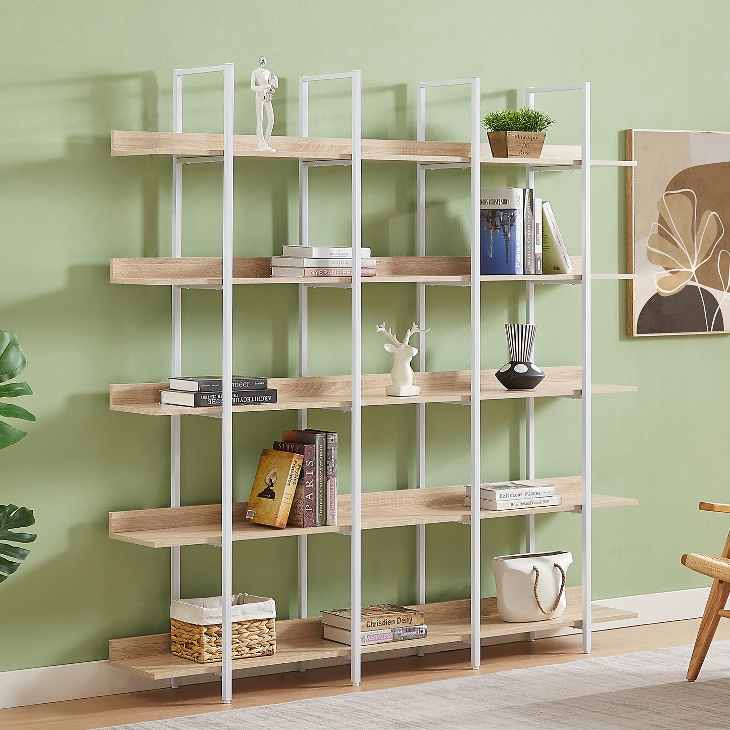 Librería de 5 niveles para oficina en casa, estilo industrial vintage, tablero de MDF, estructura de metal blanco, roble