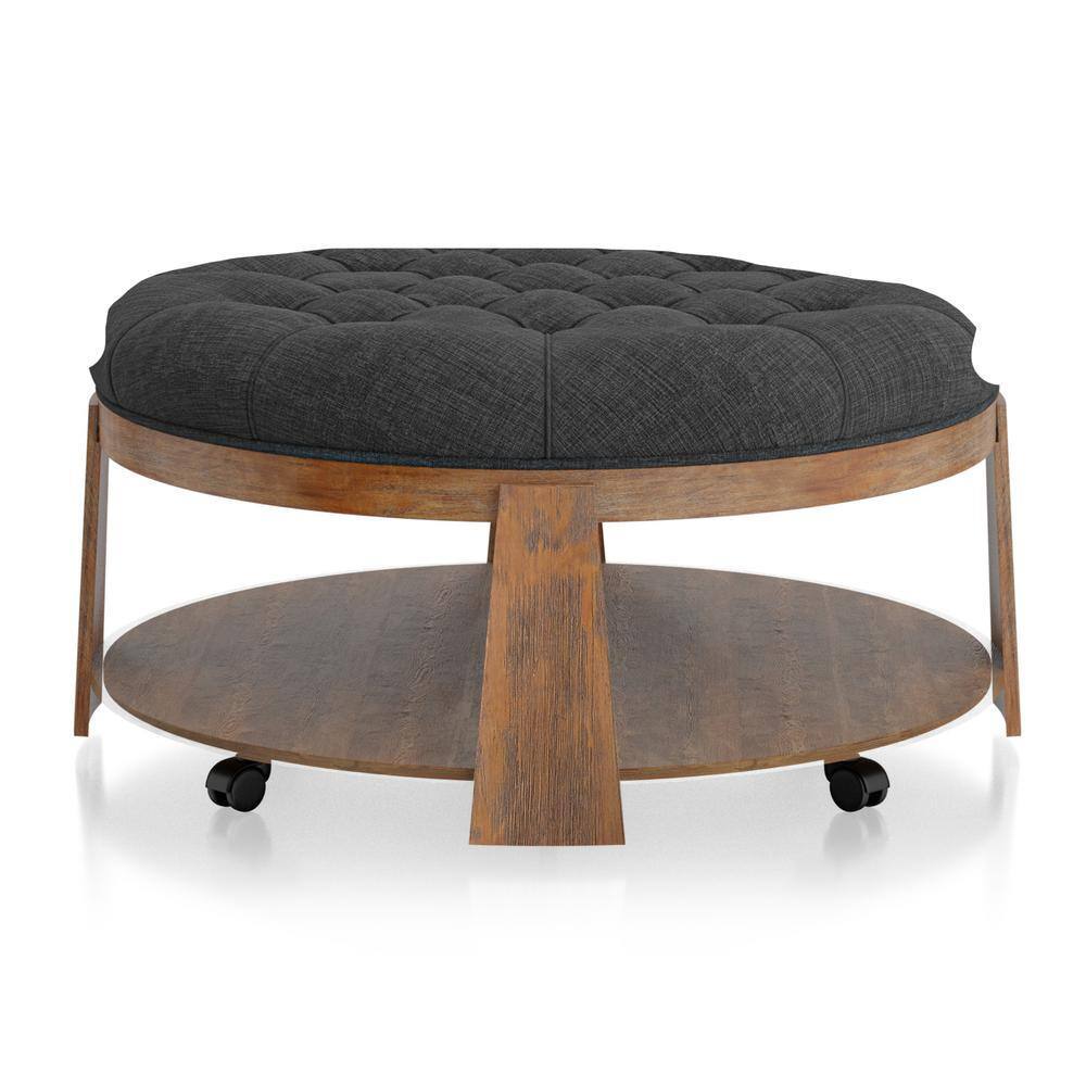 Wire-brushed Finish Natural Tone/Dark Gray 1pc Ottoman Transitional Style Deep Button Linen Like Tufted Seat Open Bottom Shelf Living Room