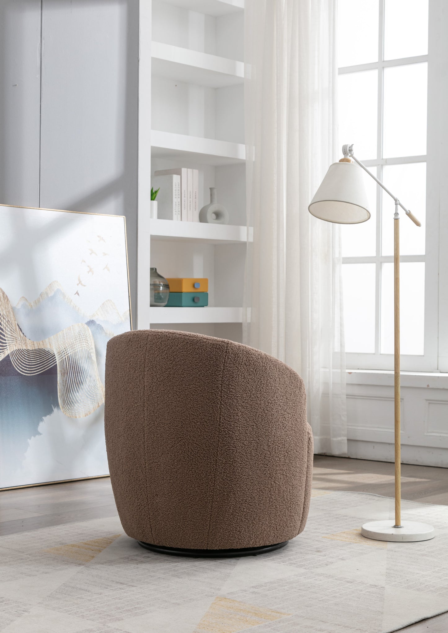 Teddy Fabric Swivel Accent Armchair Barrel Chair With Black Powder Coating Metal Ring,Coffee Brown