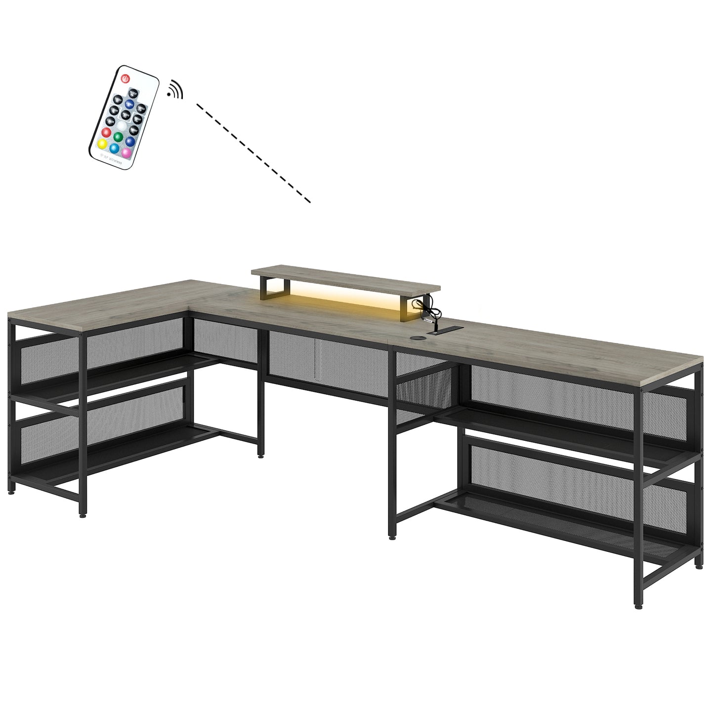 U Shaped Desk with Power Outlets & LED Strip & Monitor Stand, L Shaped Desk with Storage Shelf, Home Office Gaming Desk, Vintage
