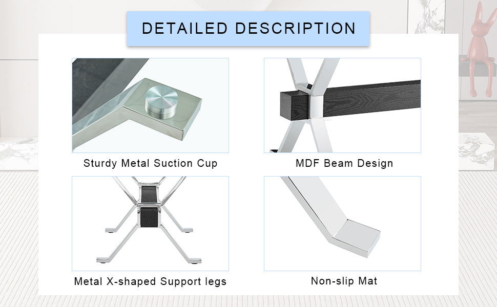 Table and chair set.Elegant Transparent Tempered Glass Dining Set - 71"x35.4" with 6 Black PU Chairs with a vertical stripe design on the backrest.