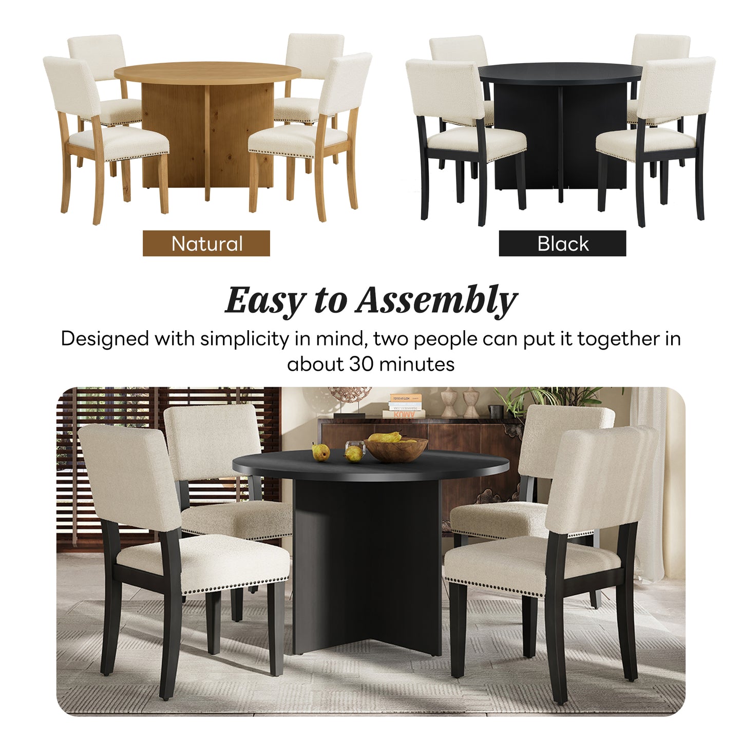 TOPMAX Modern 5-Piece Round Dining Table Set Pedestal Kitchen Table Set with 4 Upholstered Dining Chairs for Studio, Apartment, Small Places, Black