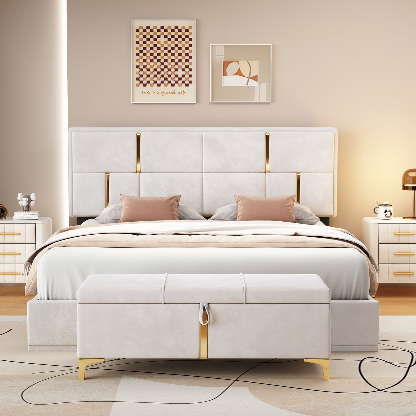 Juego de dormitorio de 2 piezas, cama Queen con plataforma tapizada y sistema de almacenamiento hidráulico, otomana con patas de metal, color beige.