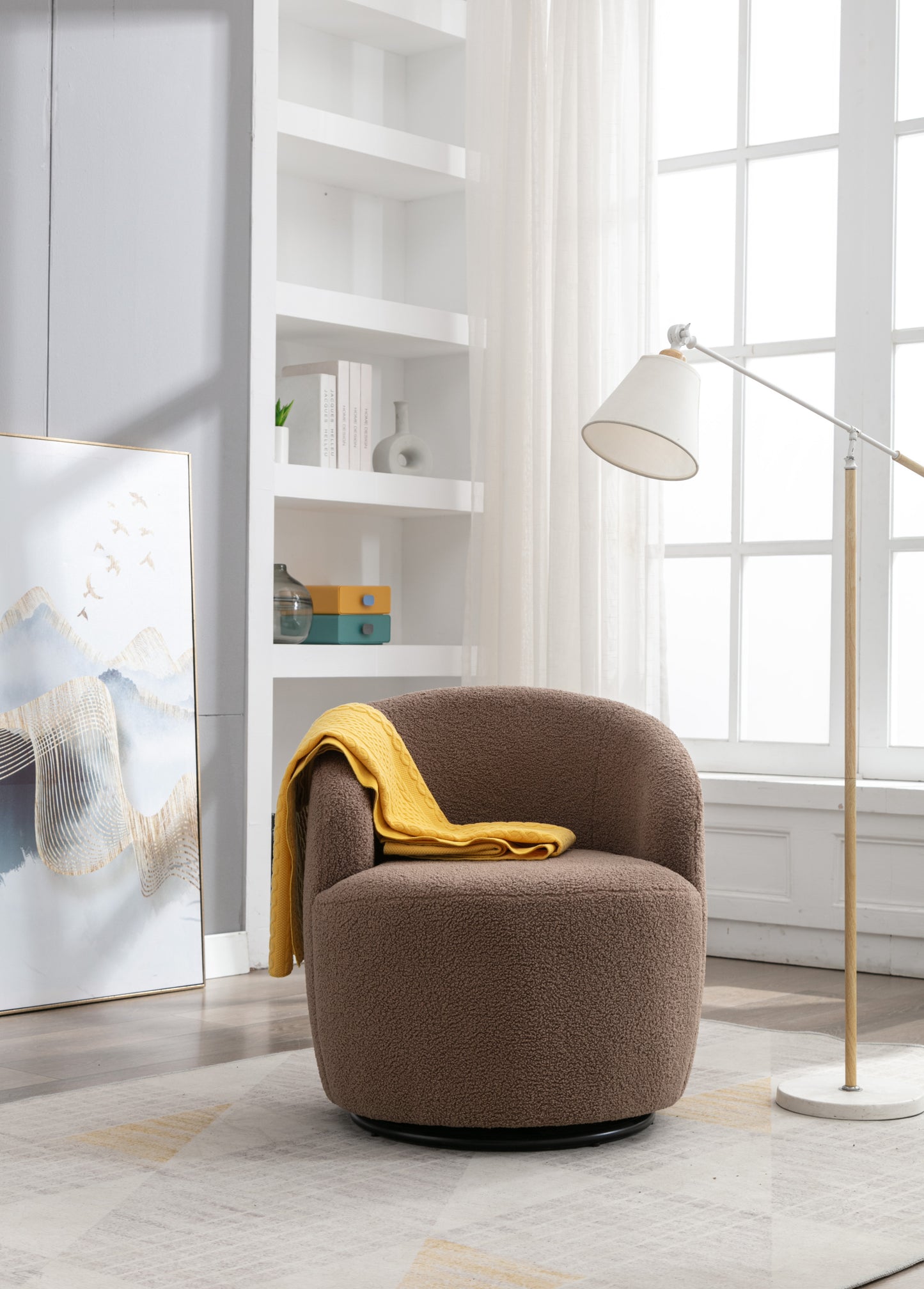 Teddy Fabric Swivel Accent Armchair Barrel Chair With Black Powder Coating Metal Ring,Coffee Brown