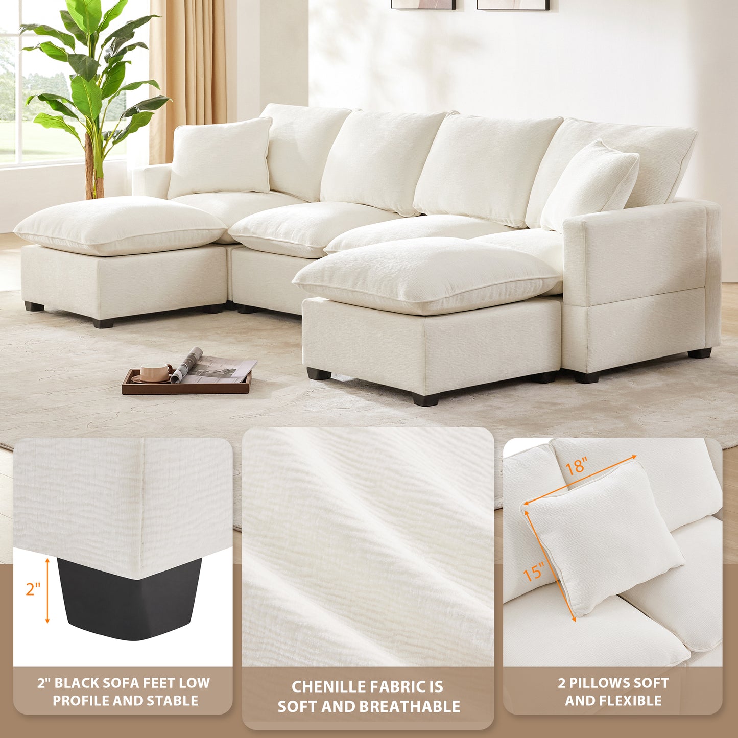 110*57" Modern U Shape Modular Sofa, 6 Seat Chenille Sectional Couch Set with 2 Pillows Included, Freely Combinable Indoor Funiture for Living Room, Apartment, Office, 2 Colors