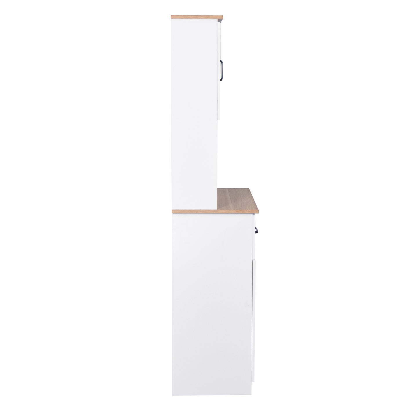 Gabinete de cocina de madera blanco para despensa, armario para microondas con puertas de vidrio enmarcadas y cajón.
