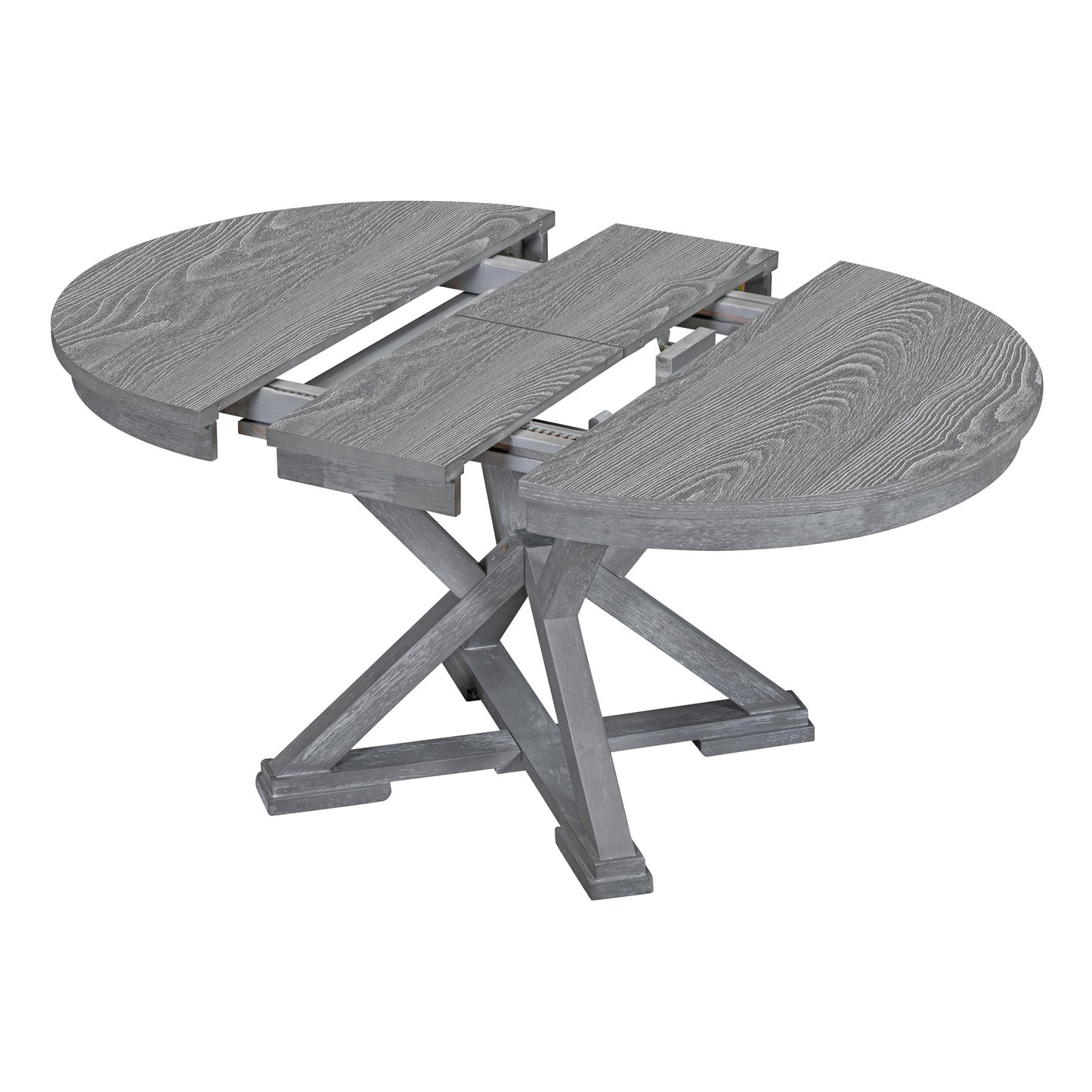 TREXM 5-Piece Retro Functional Dining Table Set Extendable Round Table and 4 Upholstered Chairs for Dining Room and Living Room (Grey)