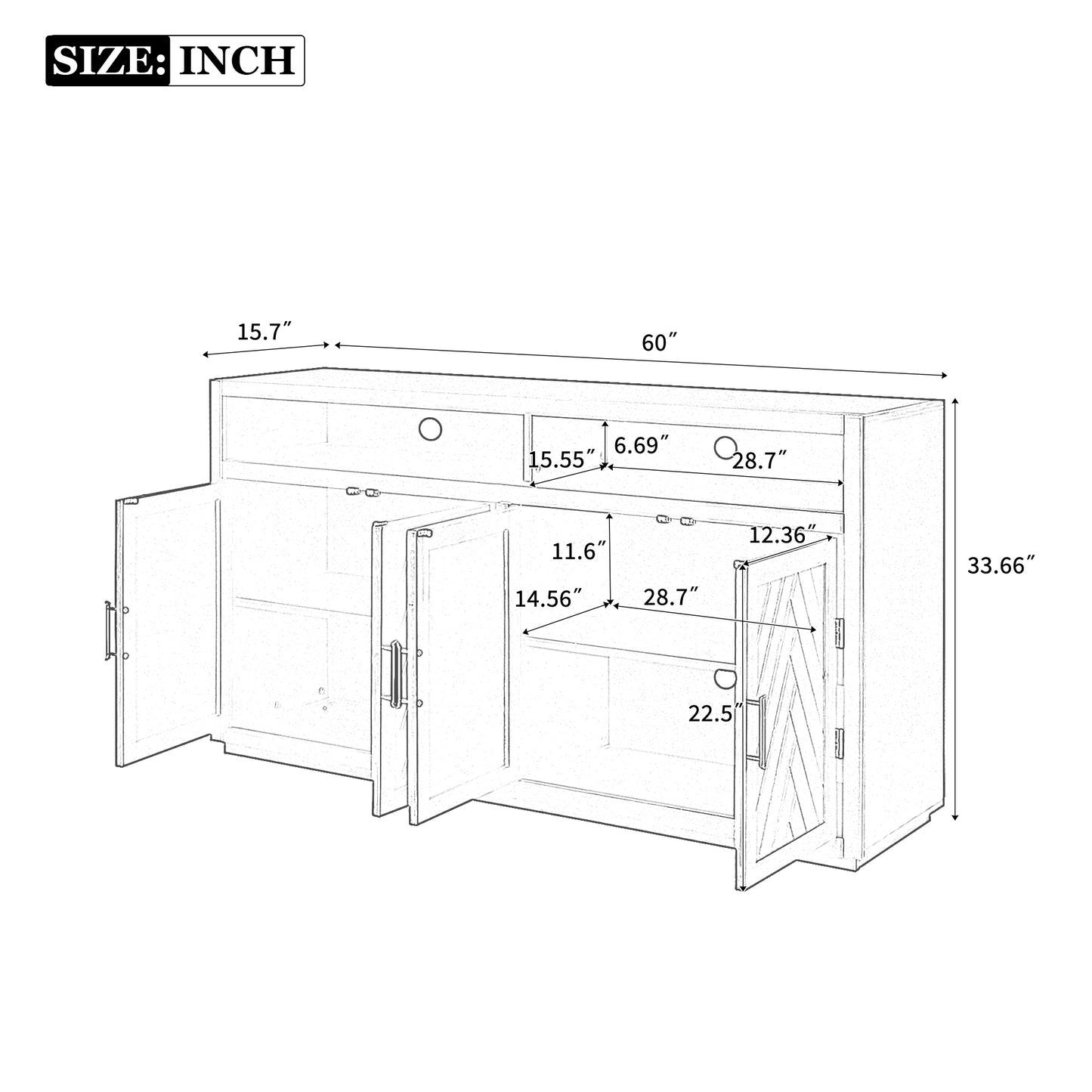 TREXM 4-door Classic Sideboard with Open Storage and Adjustable Shelves Perfect for kitchens, living rooms (Black)