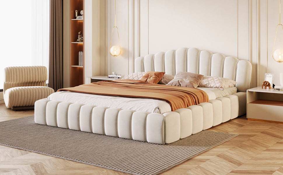 Cama Queen tapizada en terciopelo con cabecero en forma de concha para dormitorio (no necesita somier), color beige