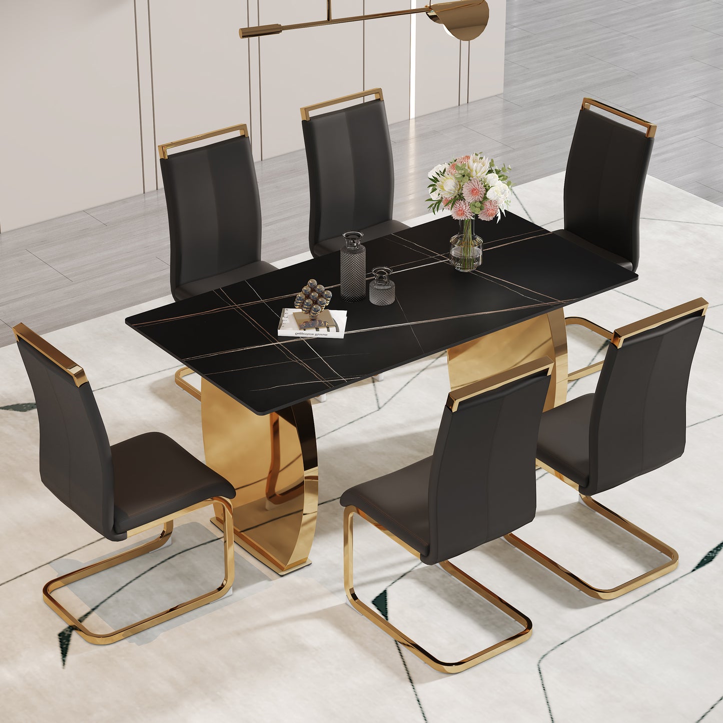 Table and chair set,Modern rectangular table with 0.4 inch black patterned tabletop and gold legs, suitable for kitchen, dining room, and living room , Comfortable PU seats,perfect for dinner, meet