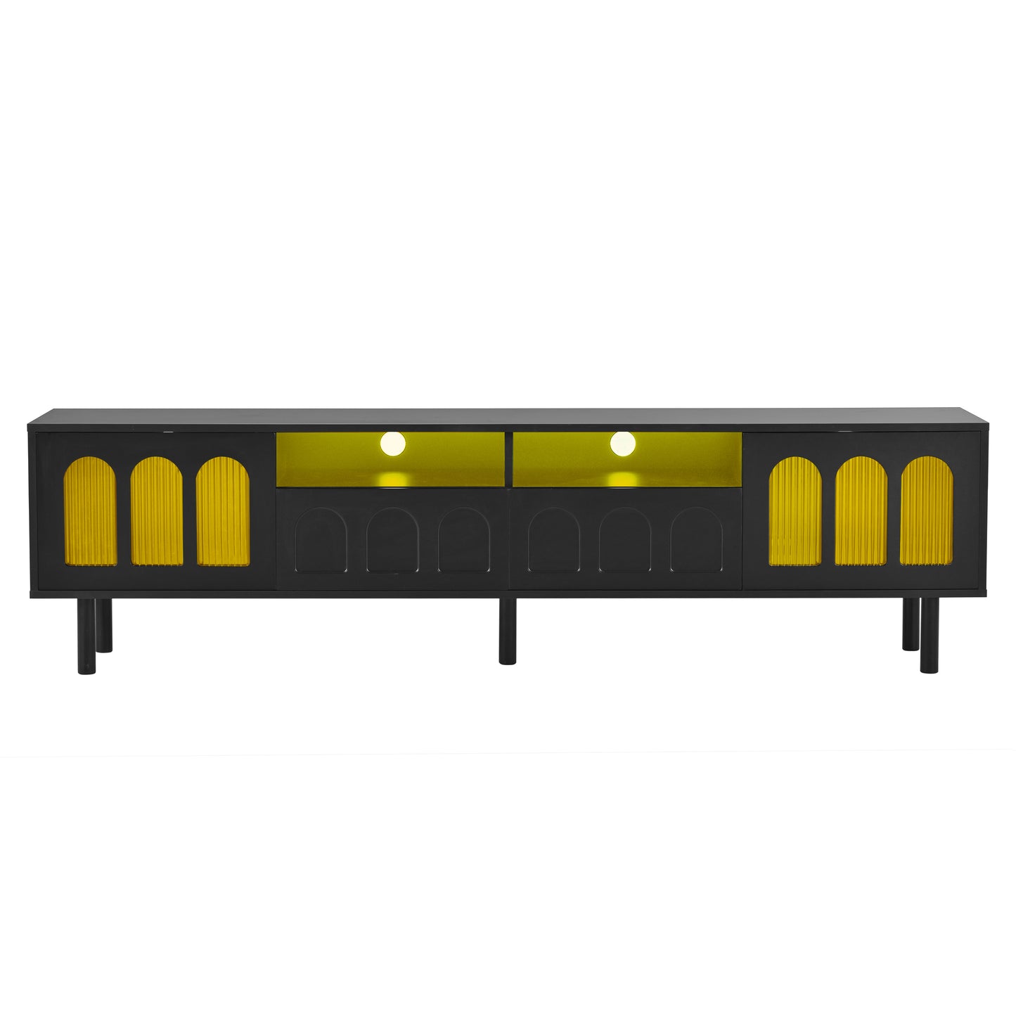 ON-TREND Cream Style TV Stand with LED Light Strip for TVs Up to 80'', Graceful Entertainment Center with 5 Solid Wood Legs, Large Storage Media Console with Fluted Tempered Glass Doors, Black