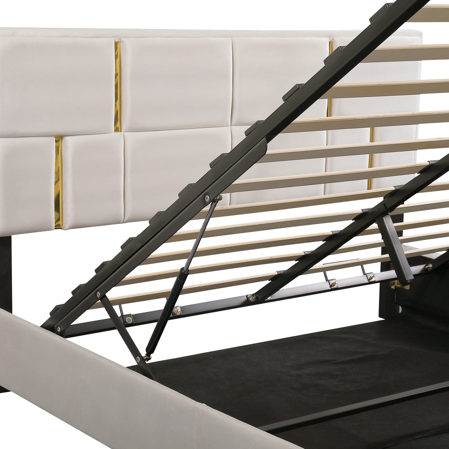 Juego de dormitorio de 2 piezas, cama Queen con plataforma tapizada y sistema de almacenamiento hidráulico, otomana con patas de metal, color beige.